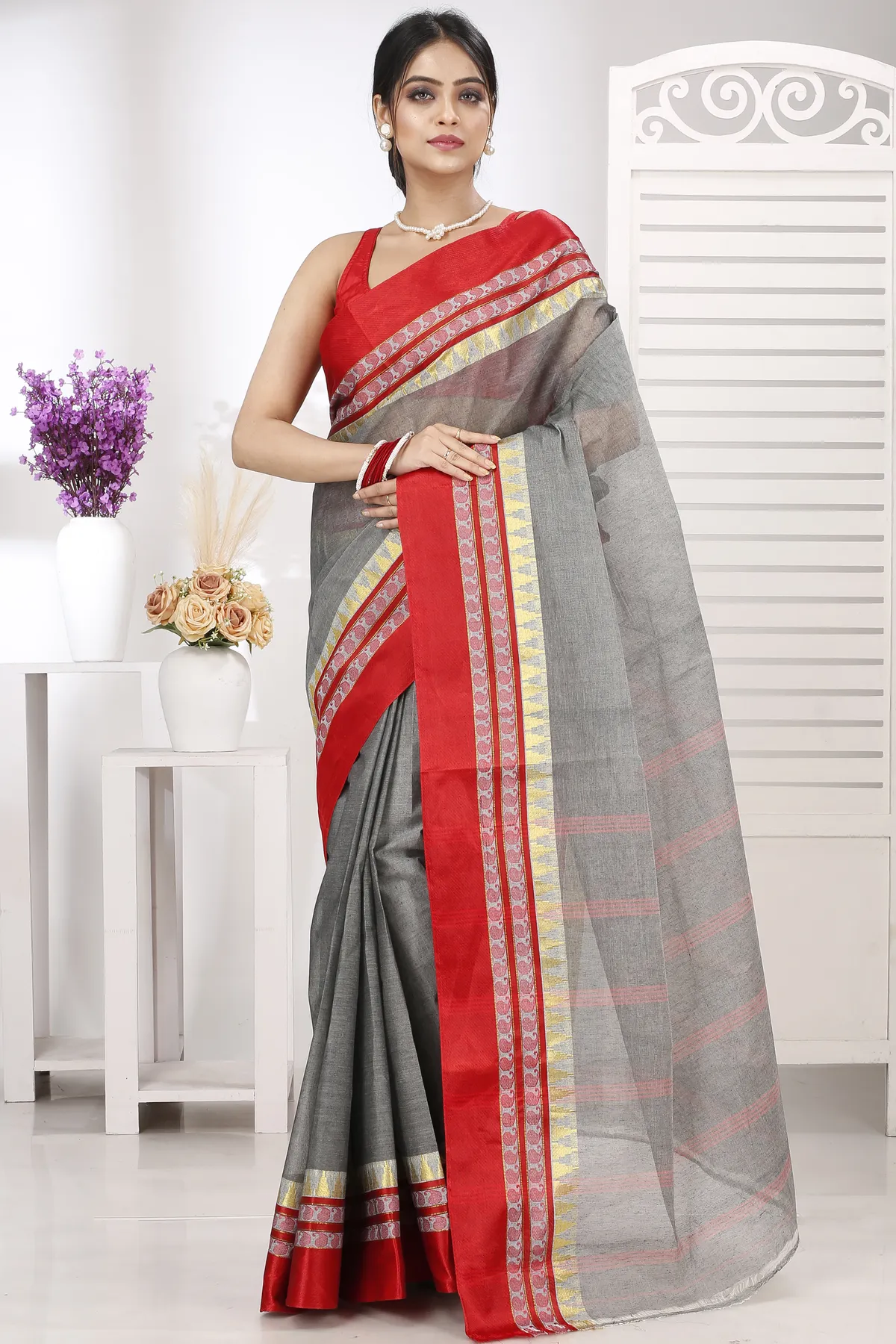 DipDiya Pure Cotton Grey Ethan Regal Bengali Tant Sarees