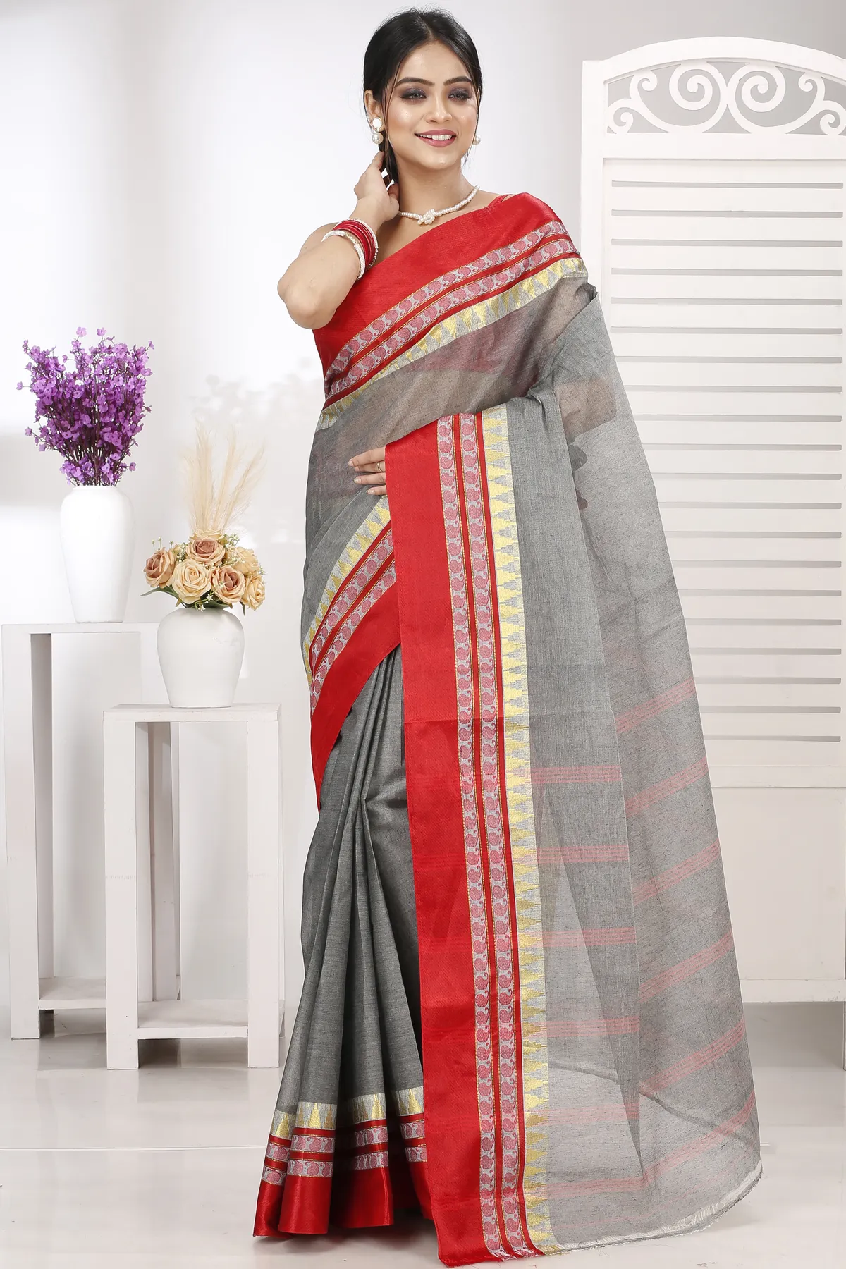 DipDiya Pure Cotton Grey Ethan Regal Bengali Tant Sarees
