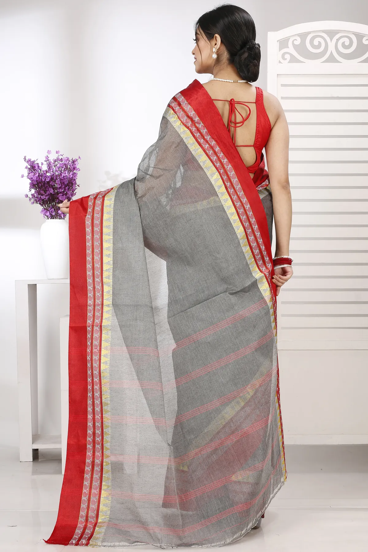 DipDiya Pure Cotton Grey Ethan Regal Bengali Tant Sarees