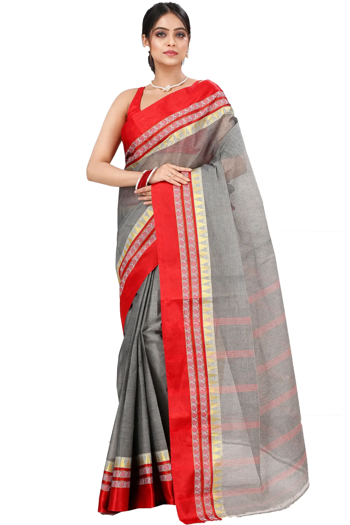 DipDiya Pure Cotton Grey Ethan Regal Bengali Tant Sarees