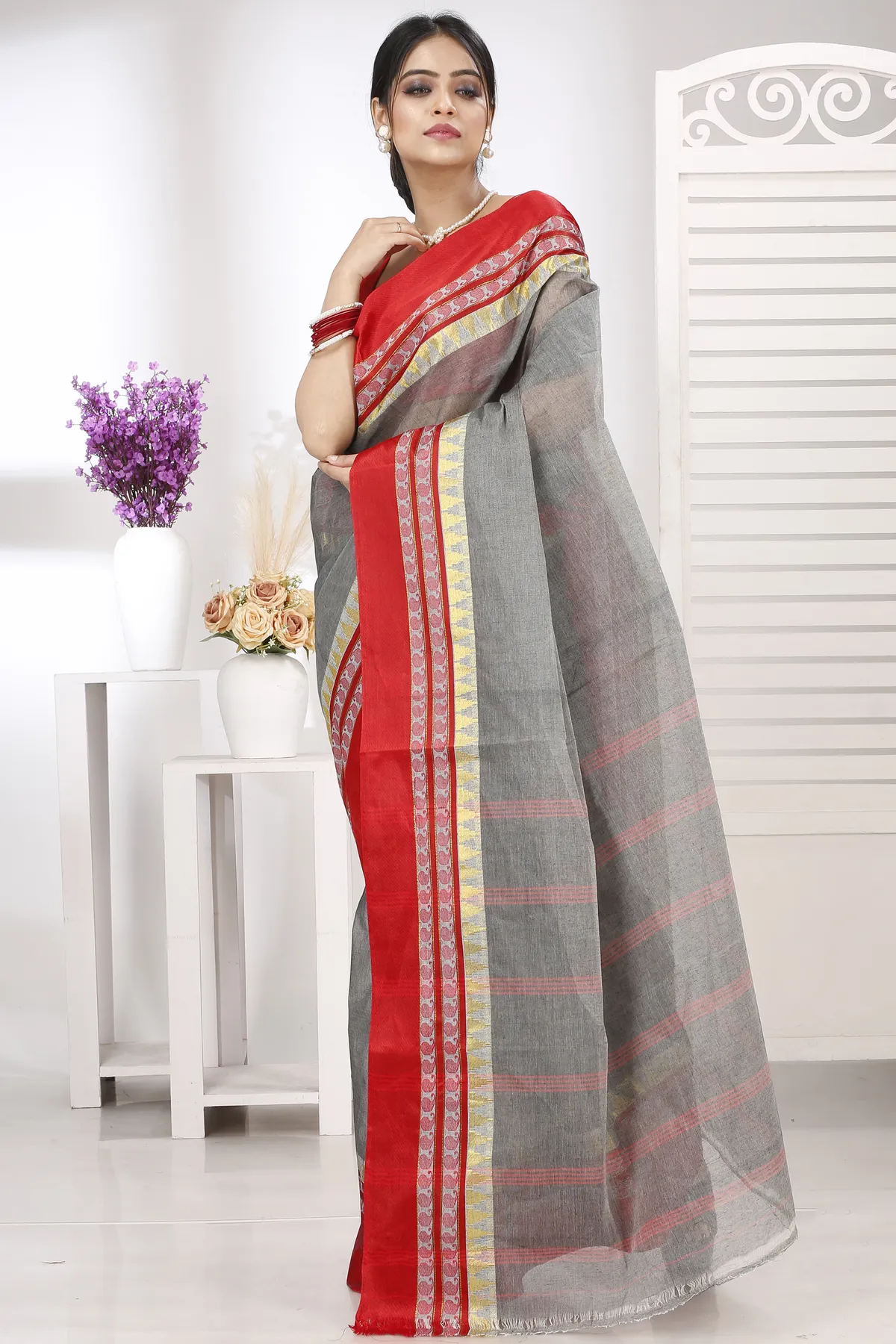 DipDiya Pure Cotton Grey Ethan Regal Bengali Tant Sarees