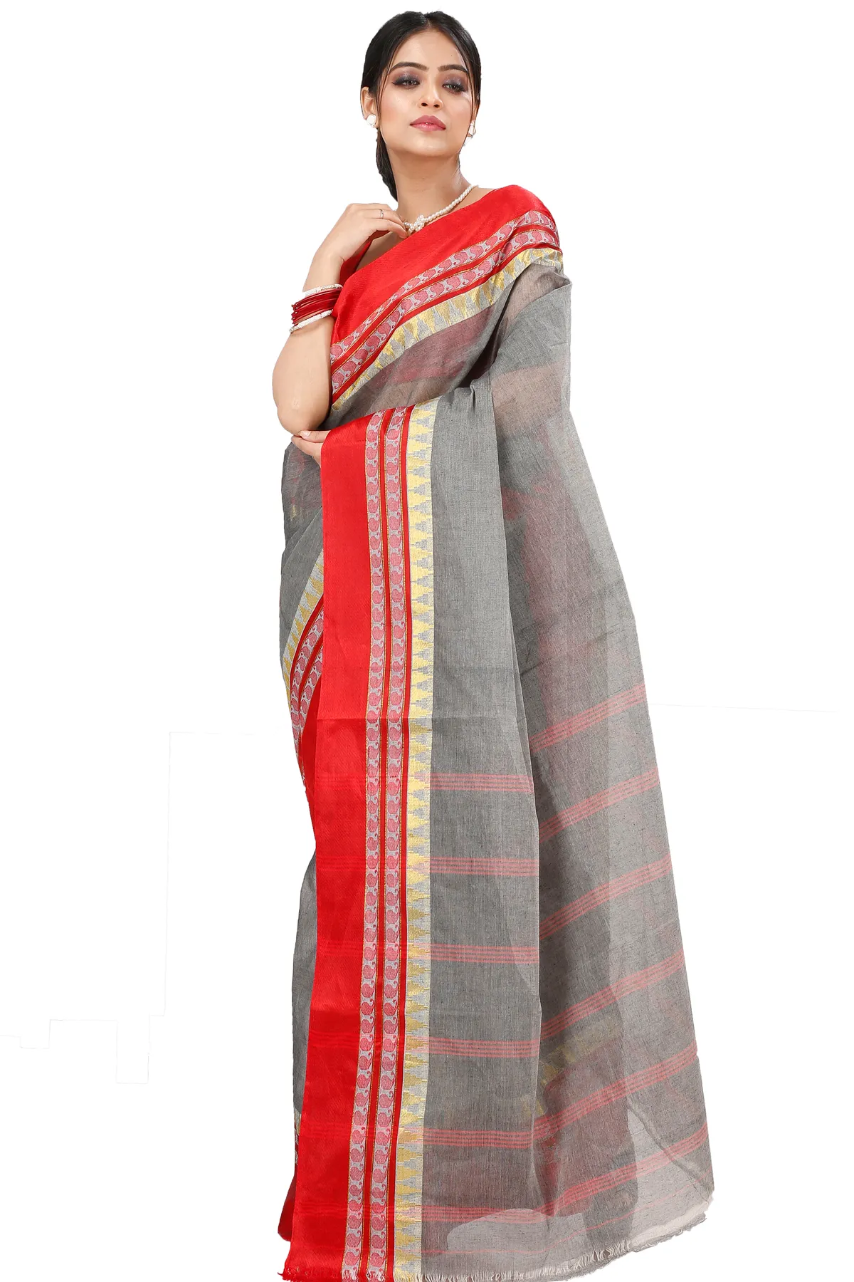 DipDiya Pure Cotton Grey Ethan Regal Bengali Tant Sarees
