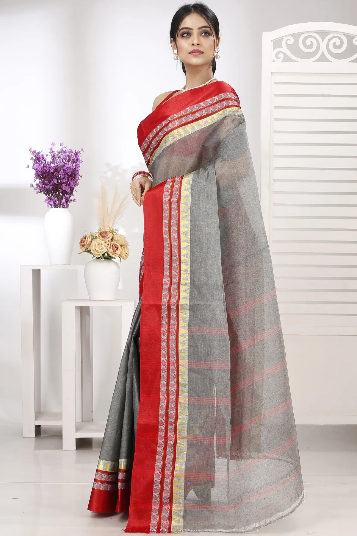 DipDiya Pure Cotton Grey Ethan Regal Bengali Tant Sarees