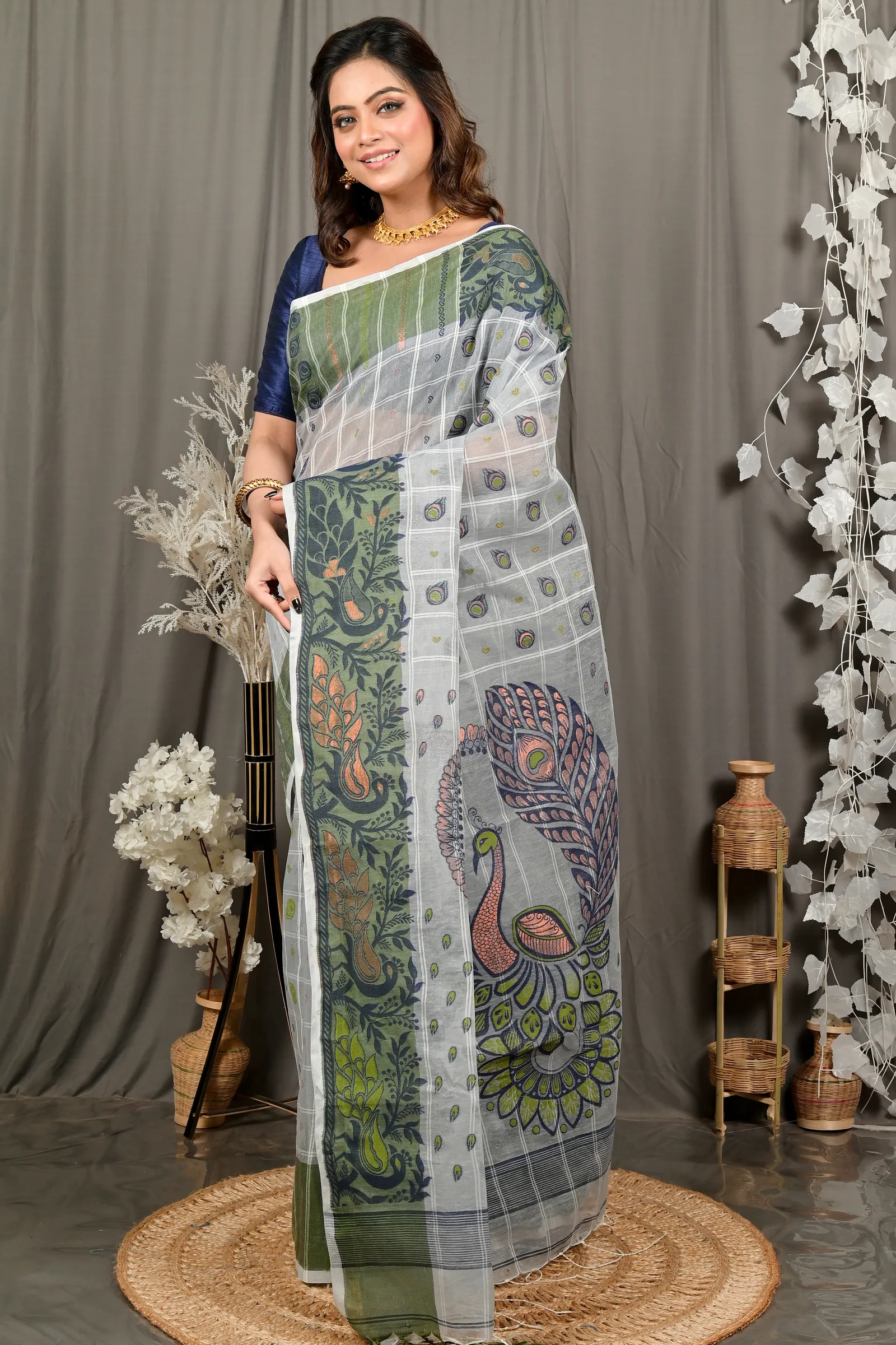 DipDiya Pure Cotton Grey Green Dhrubi Traditional Bengali Jamdani Sarees