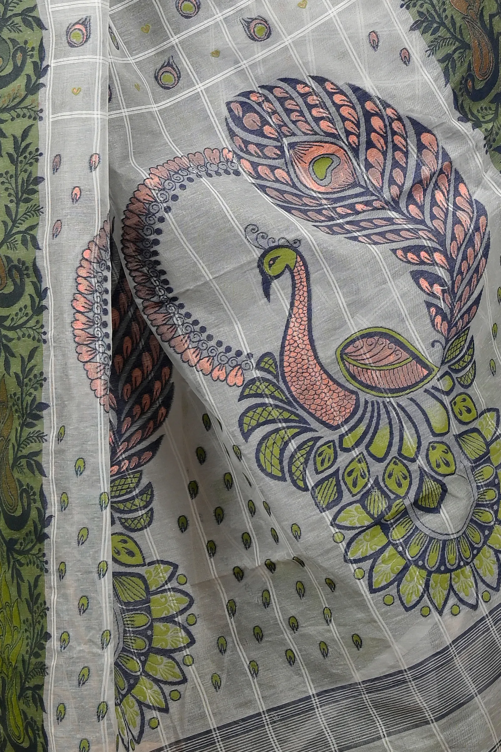 DipDiya Pure Cotton Grey Green Dhrubi Traditional Bengali Jamdani Sarees