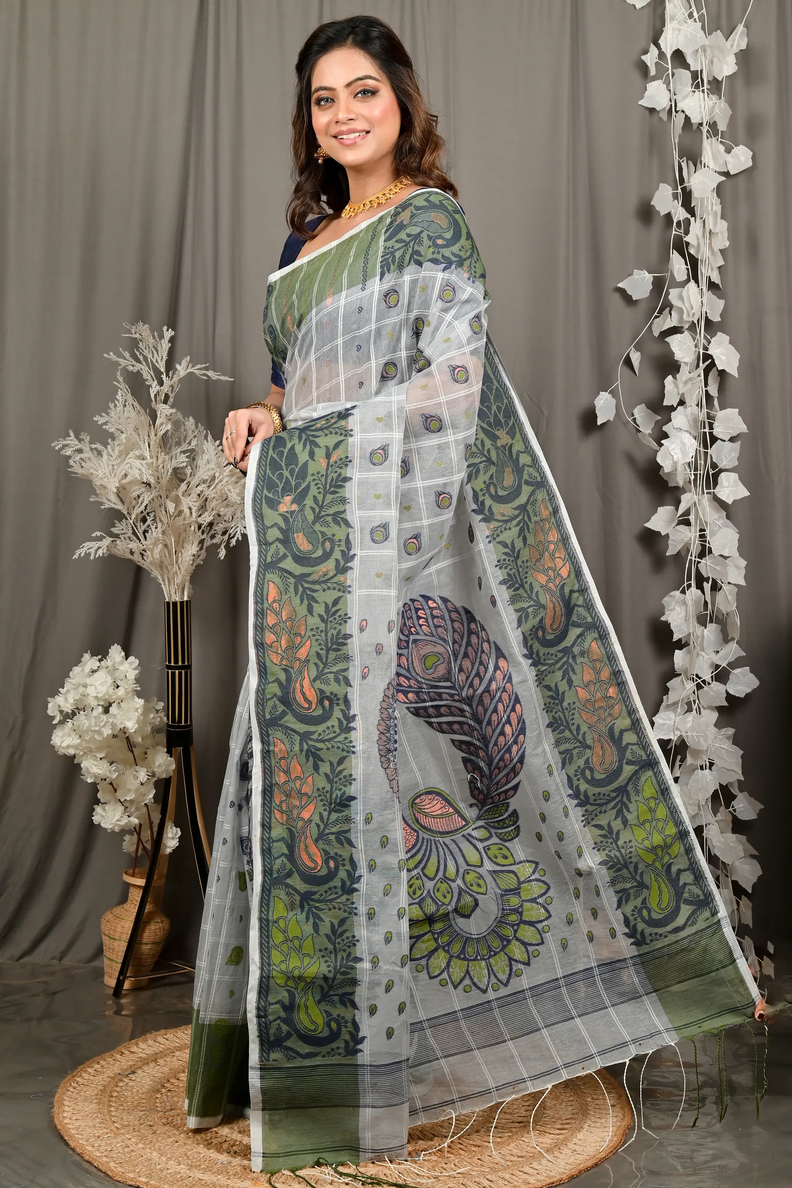 DipDiya Pure Cotton Grey Green Dhrubi Traditional Bengali Jamdani Sarees