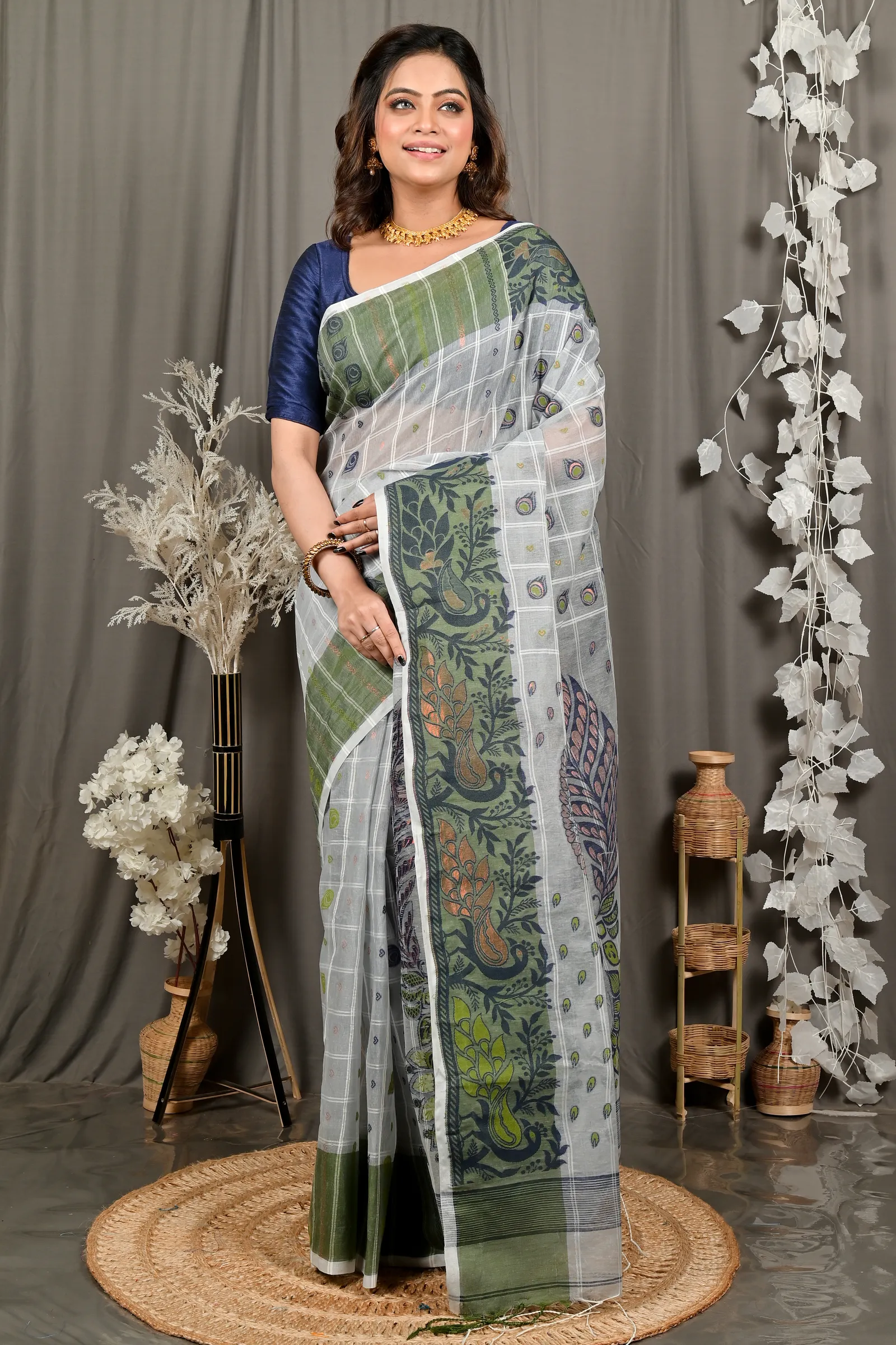 DipDiya Pure Cotton Grey Green Dhrubi Traditional Bengali Jamdani Sarees