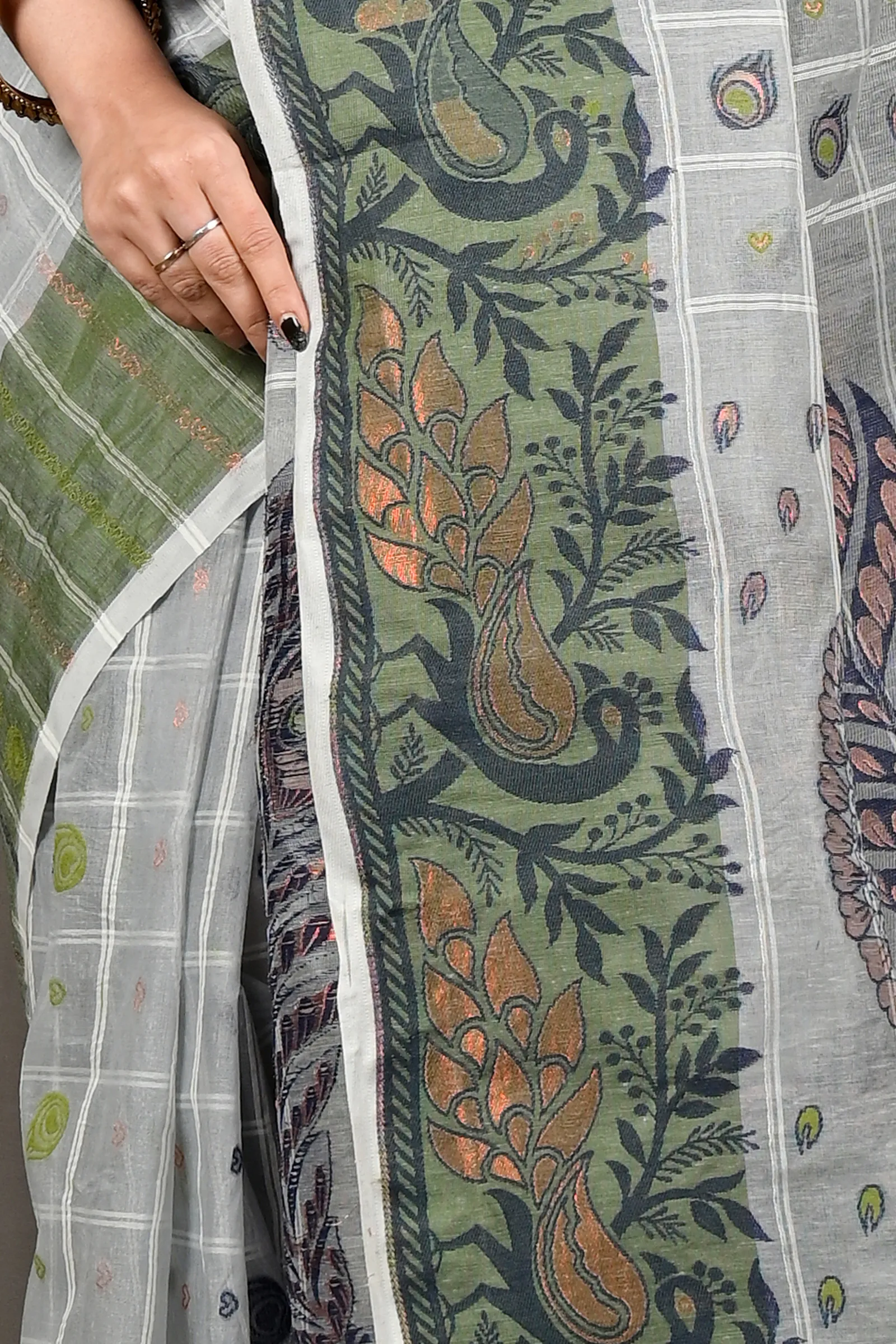 DipDiya Pure Cotton Grey Green Dhrubi Traditional Bengali Jamdani Sarees