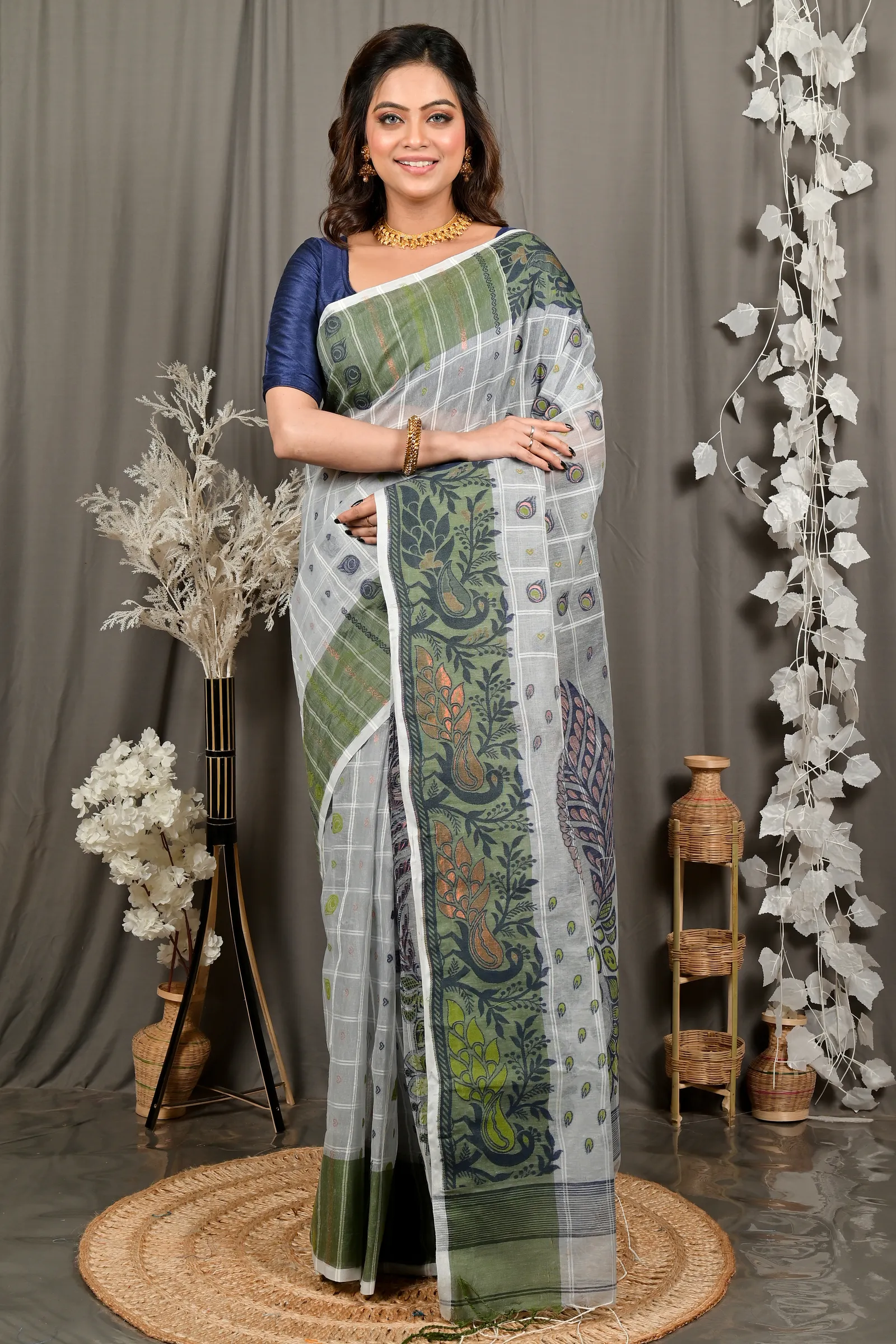 DipDiya Pure Cotton Grey Green Dhrubi Traditional Bengali Jamdani Sarees