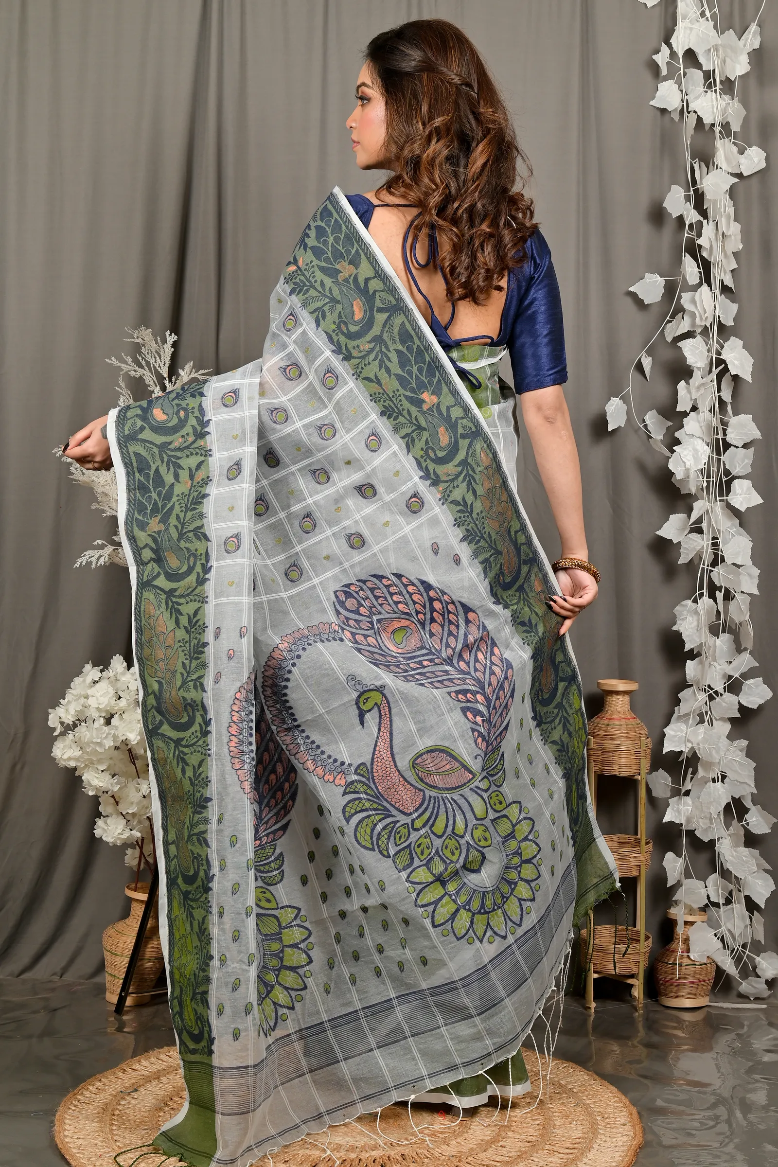 DipDiya Pure Cotton Grey Green Dhrubi Traditional Bengali Jamdani Sarees