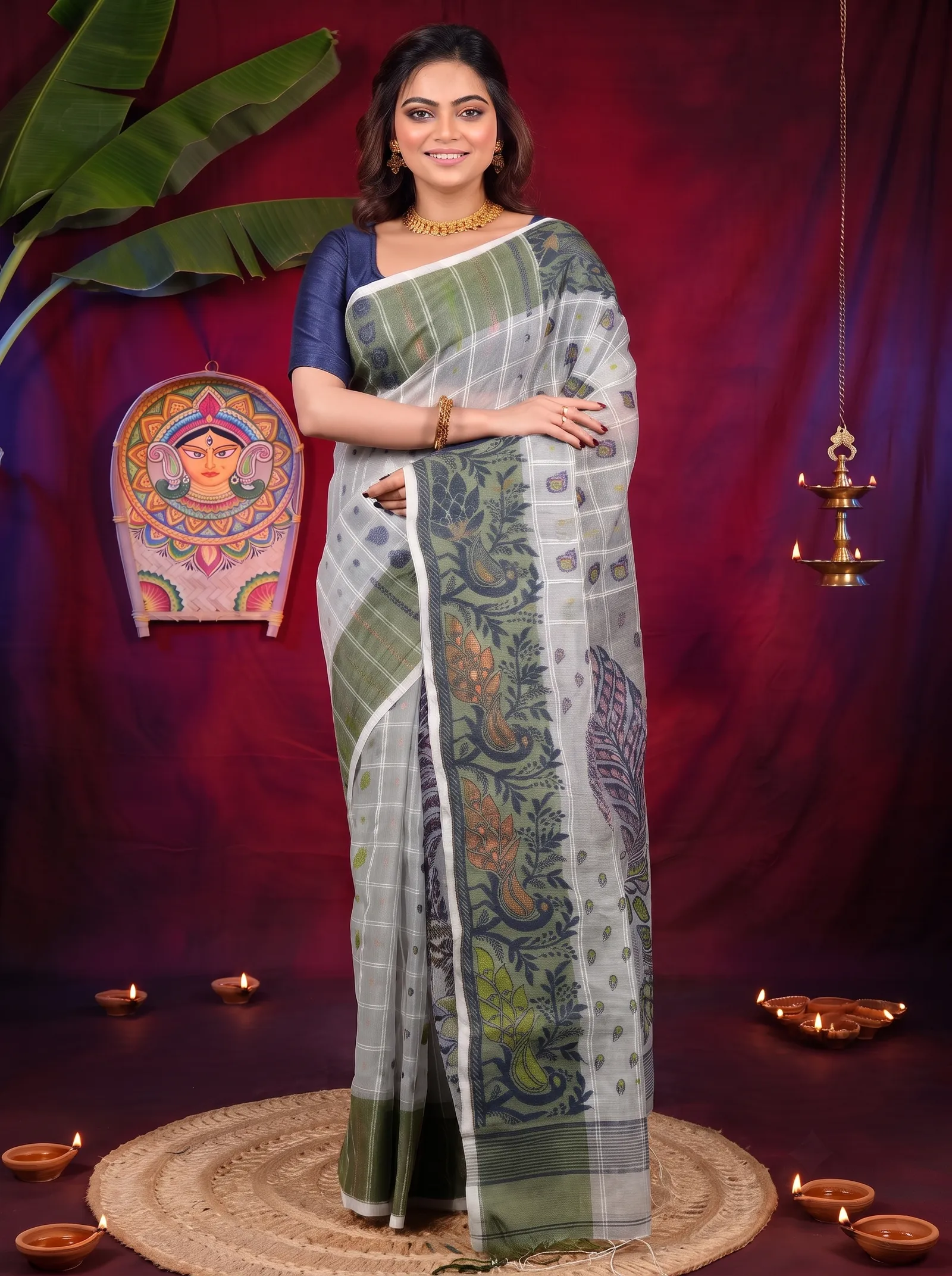 DipDiya Pure Cotton Grey Green Dhrubi Traditional Bengali Jamdani Sarees
