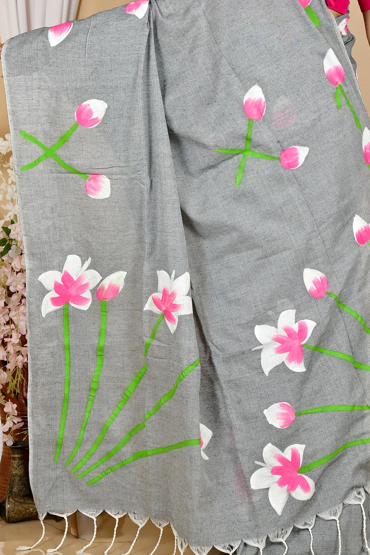 DipDiya Pure Cotton Grey Kamal Heritage of Bengal Hand Painted Sarees
