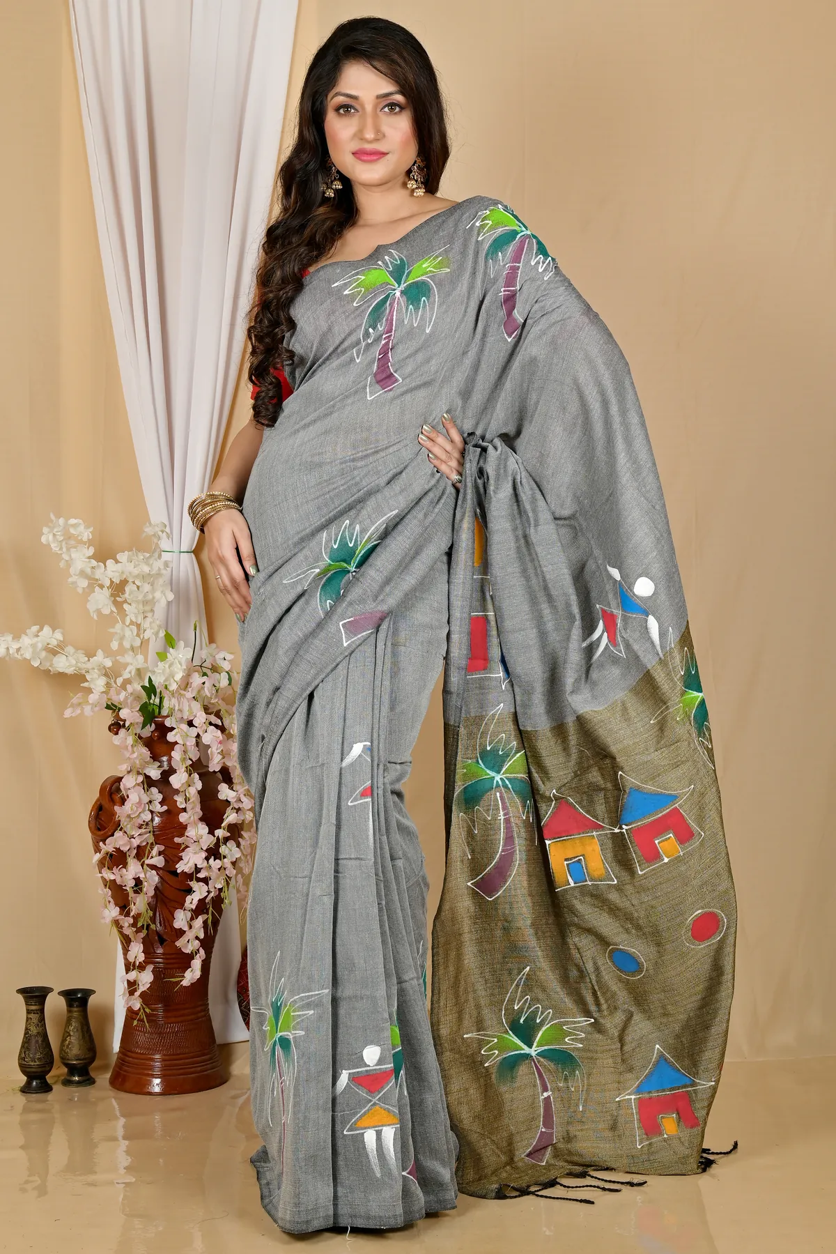DipDiya Pure Cotton Grey Keshaka Threads of Tradition Hand Painted Sarees