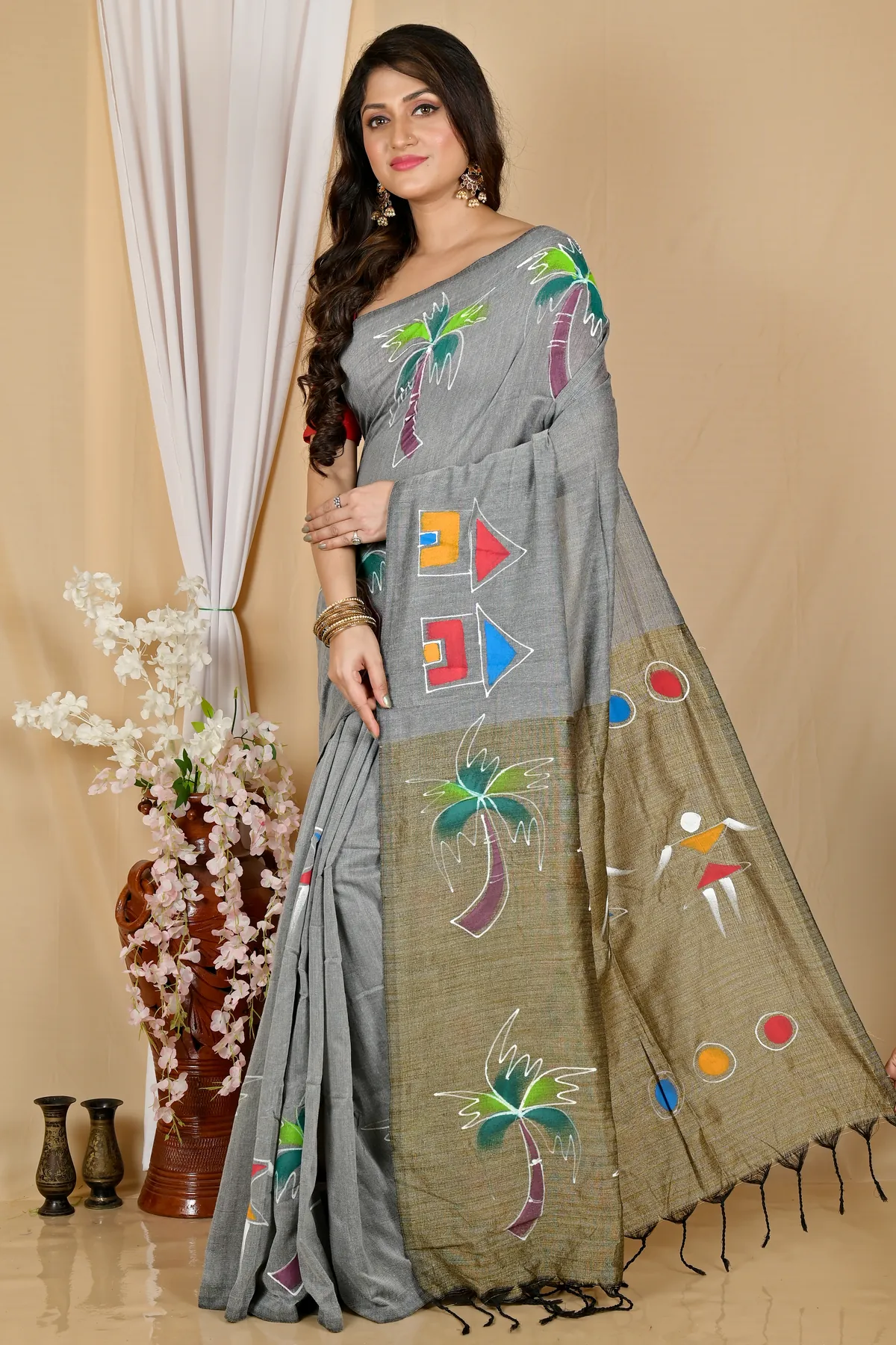 DipDiya Pure Cotton Grey Keshaka Threads of Tradition Hand Painted Sarees