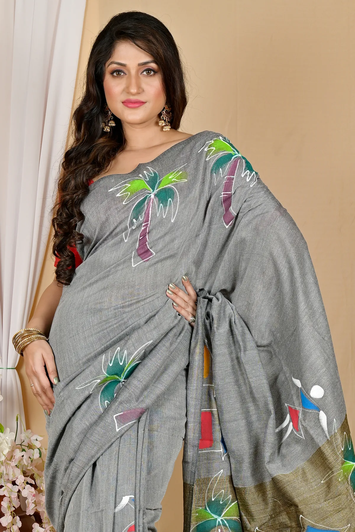DipDiya Pure Cotton Grey Keshaka Threads of Tradition Hand Painted Sarees