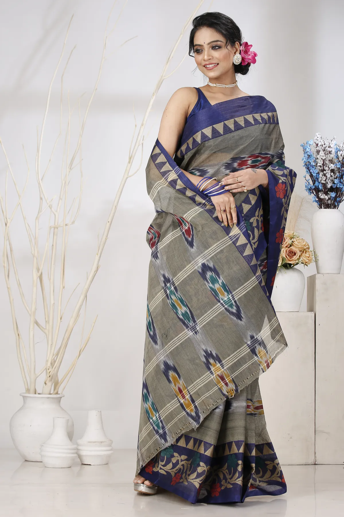 DipDiya Pure Cotton Grey Mili Regal Bengali Tant Sarees