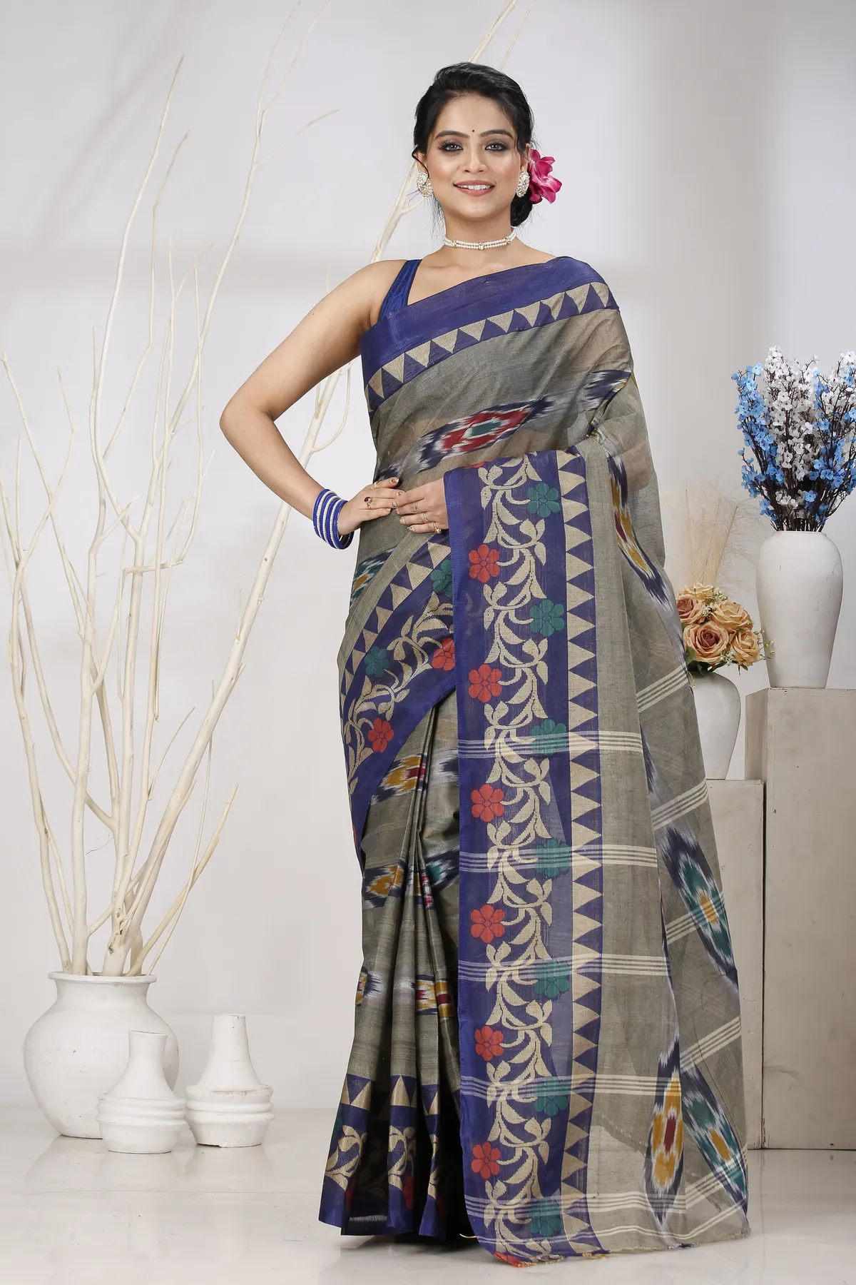 DipDiya Pure Cotton Grey Mili Regal Bengali Tant Sarees