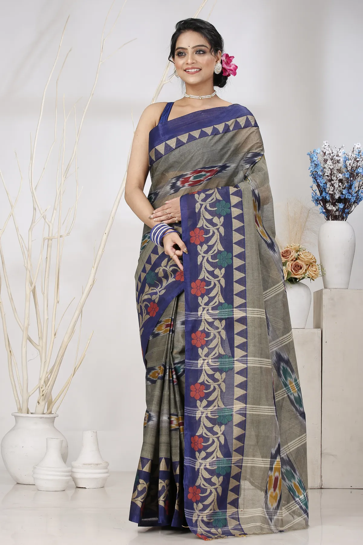 DipDiya Pure Cotton Grey Mili Regal Bengali Tant Sarees