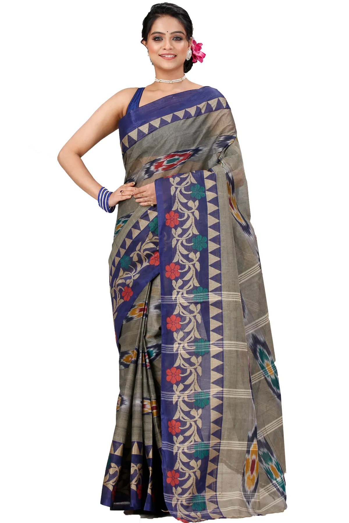 DipDiya Pure Cotton Grey Mili Regal Bengali Tant Sarees