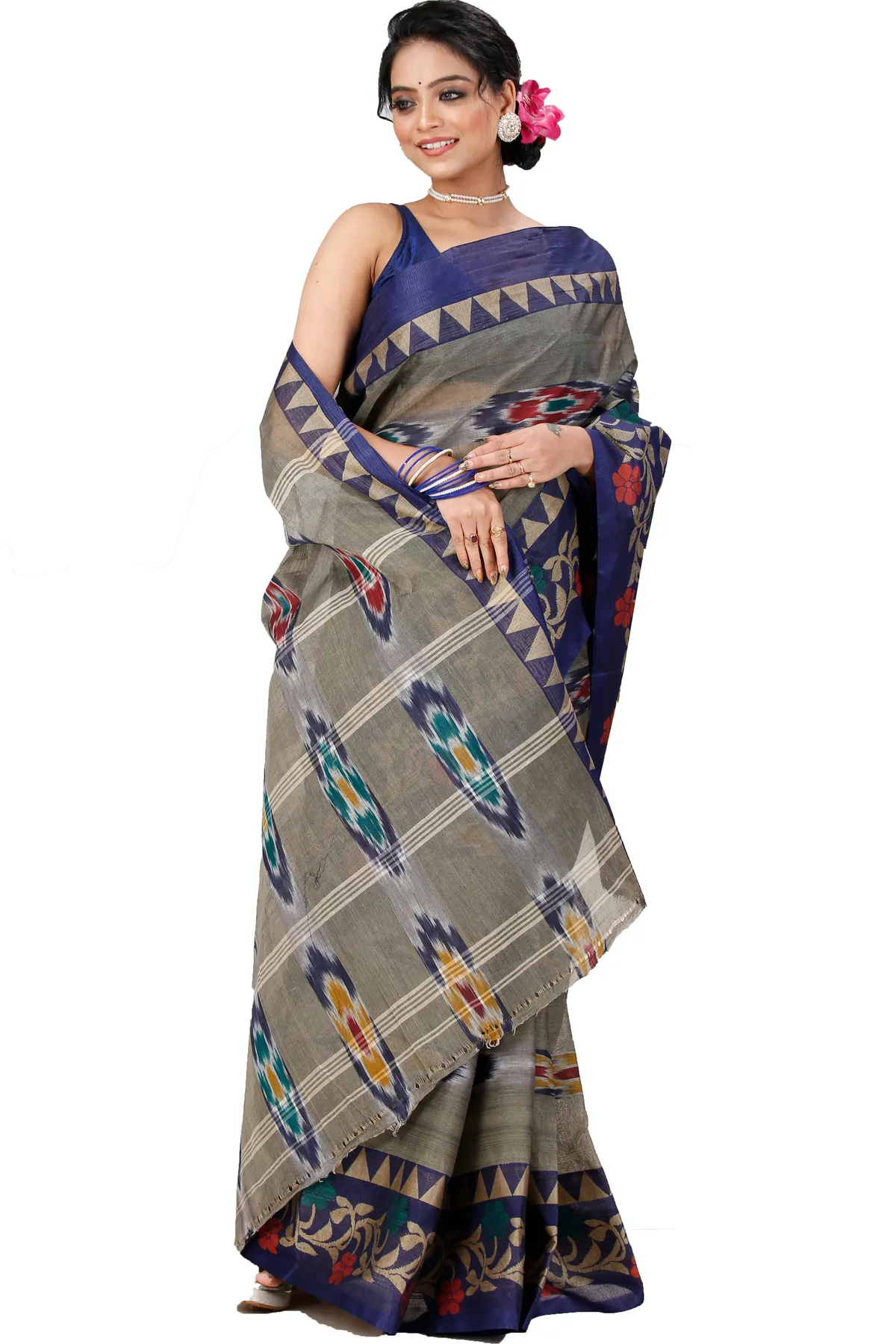 DipDiya Pure Cotton Grey Mili Regal Bengali Tant Sarees