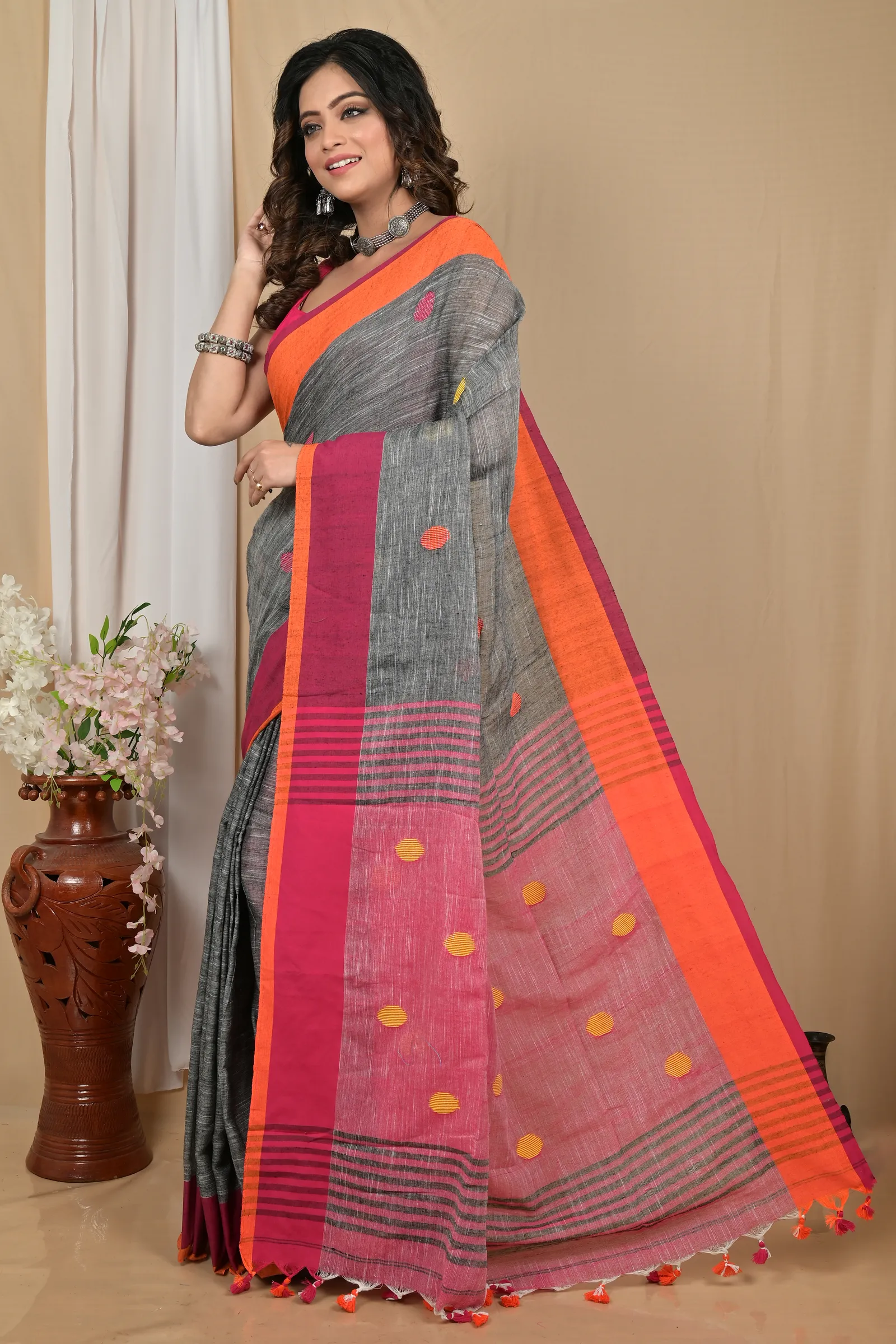 DipDiya Pure Cotton Grey Orange Achkol Traditional Elegance Handloom Sarees