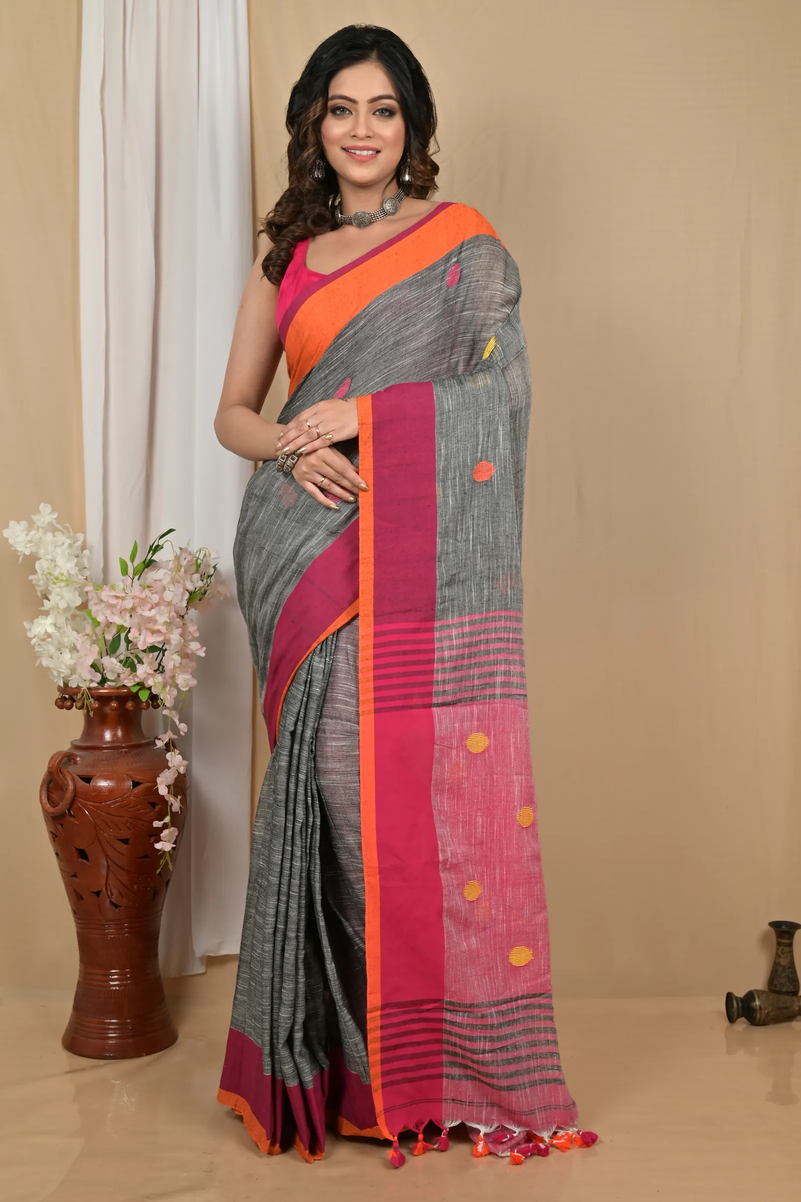 DipDiya Pure Cotton Grey Orange Achkol Traditional Elegance Handloom Sarees