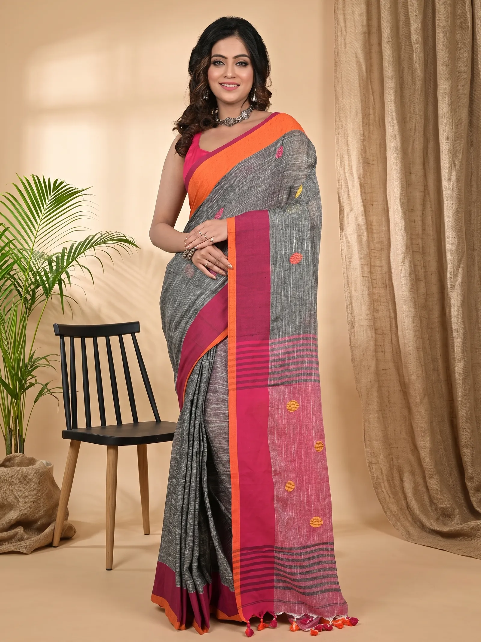 DipDiya Pure Cotton Grey Orange Achkol Traditional Elegance Handloom Sarees