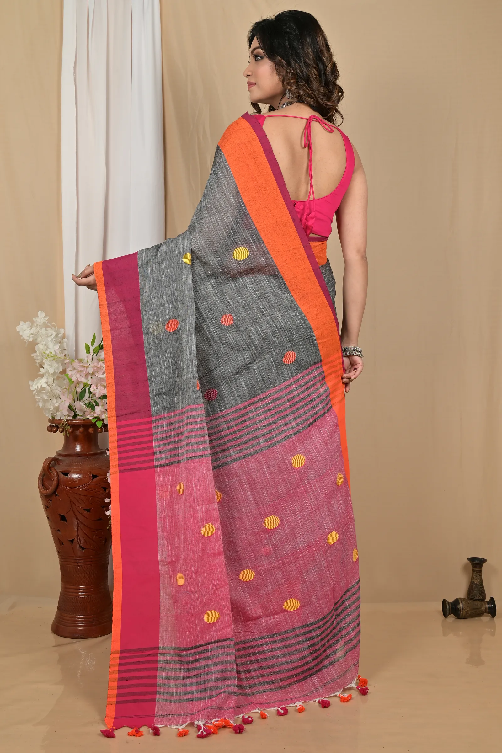 DipDiya Pure Cotton Grey Orange Achkol Traditional Elegance Handloom Sarees