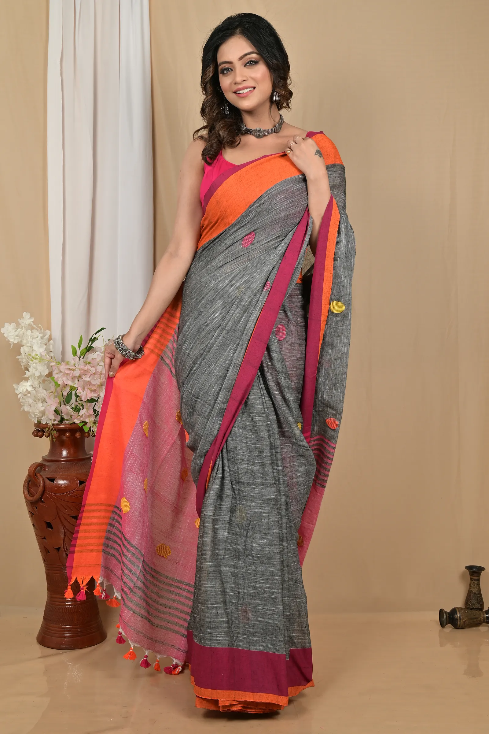 DipDiya Pure Cotton Grey Orange Achkol Traditional Elegance Handloom Sarees