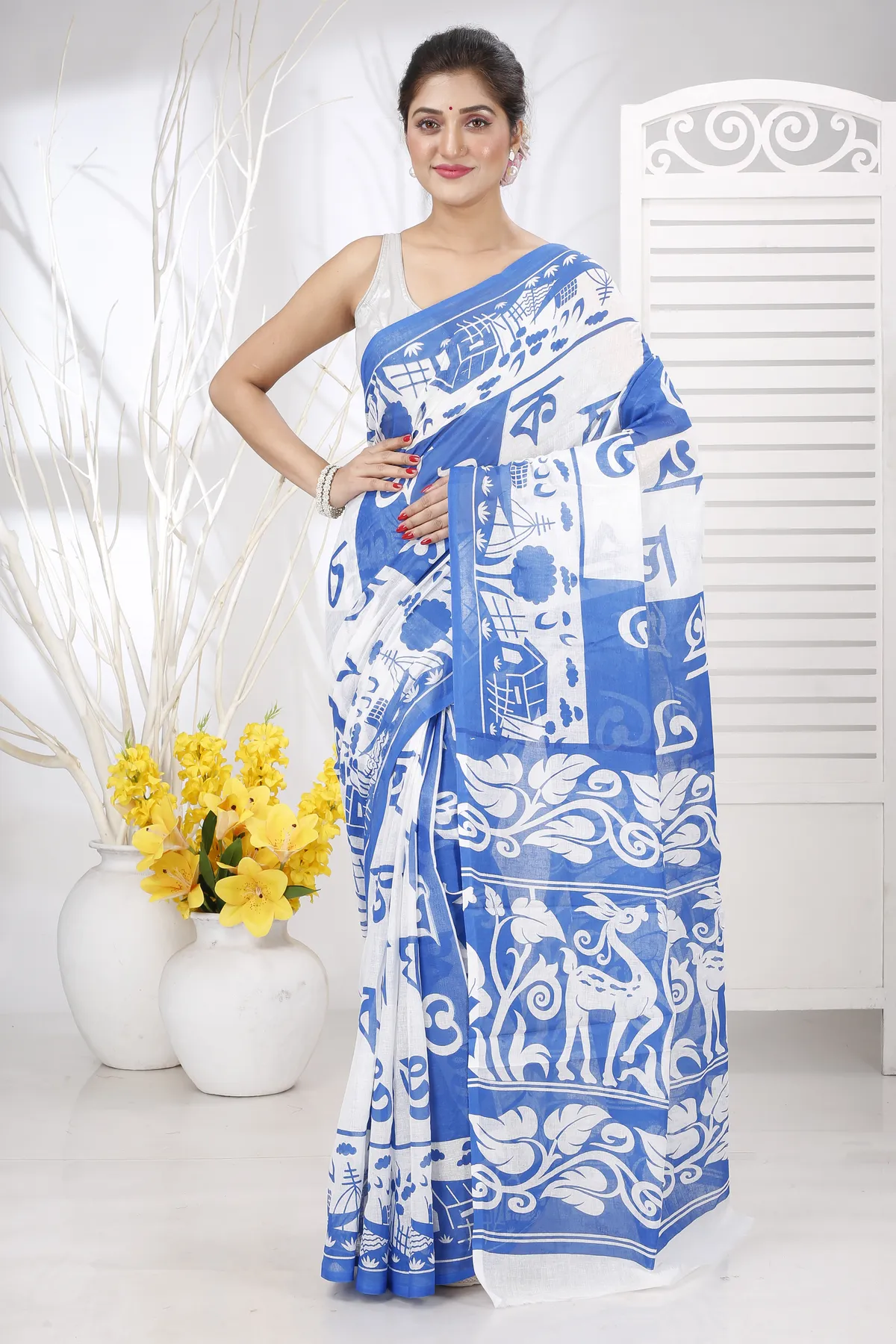 DipDiya Pure Cotton Light Blue Barnomala Crafted by Artisans Handloom Sarees