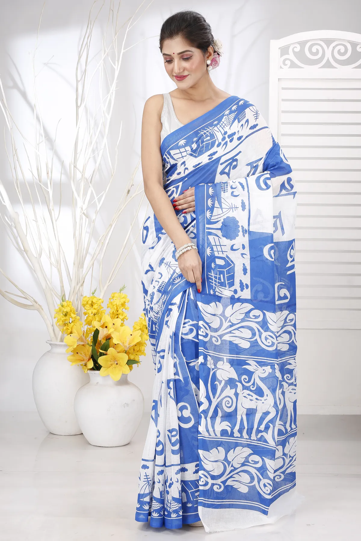 DipDiya Pure Cotton Light Blue Barnomala Crafted by Artisans Handloom Sarees