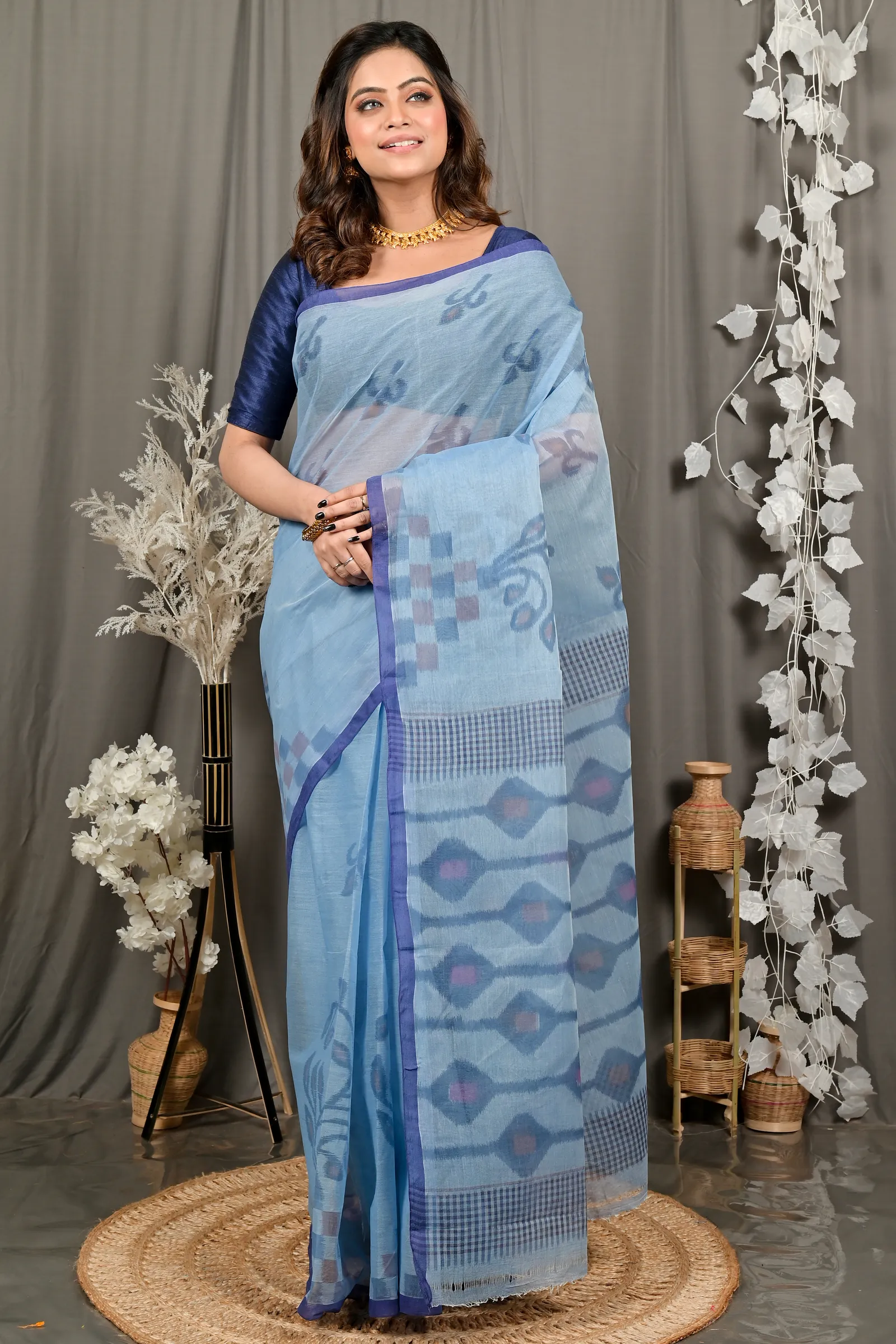 DipDiya Pure Cotton Light Blue Dipui Timeless Elegance Printed Tant Sarees