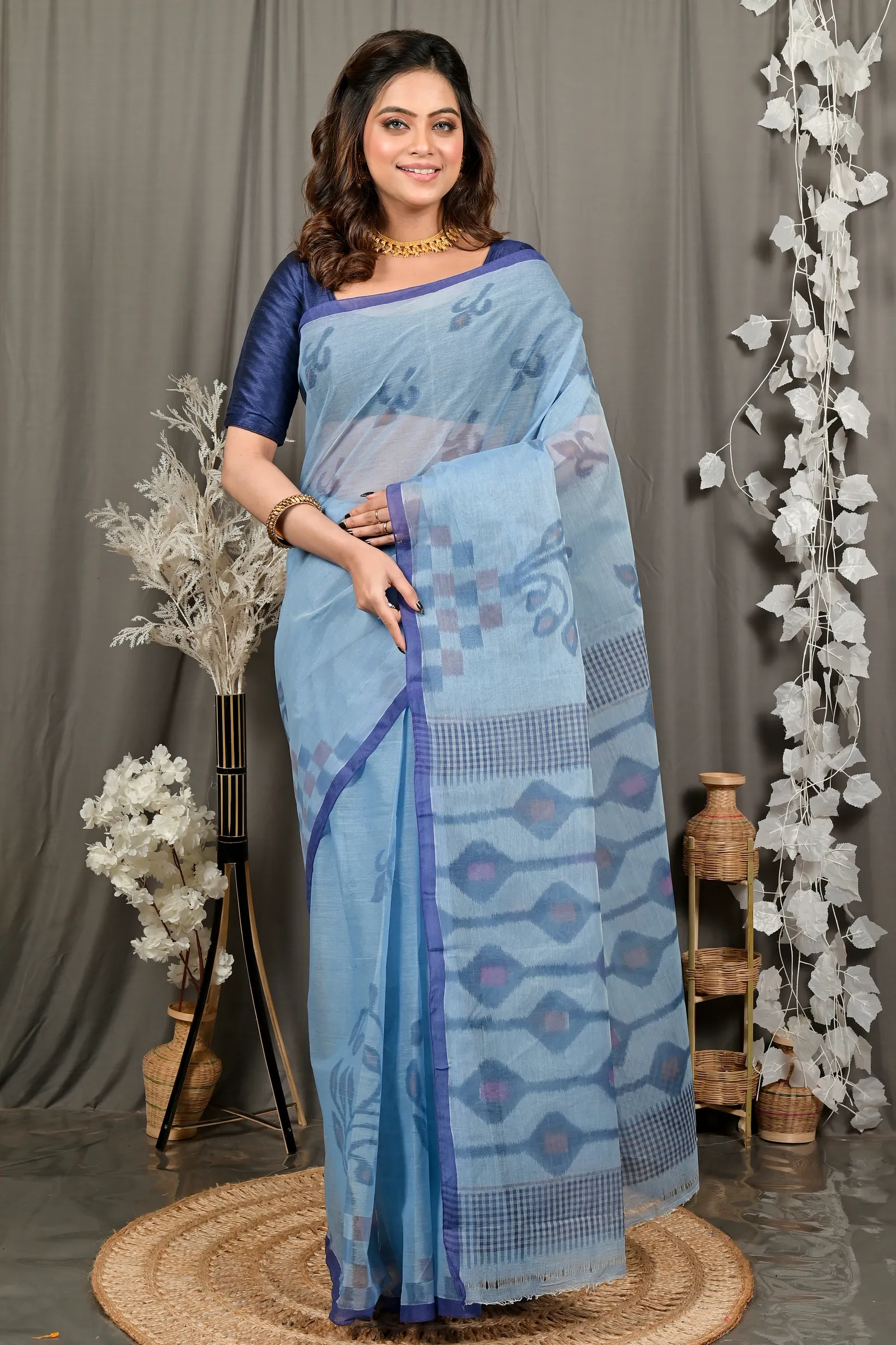 DipDiya Pure Cotton Light Blue Dipui Timeless Elegance Printed Tant Sarees