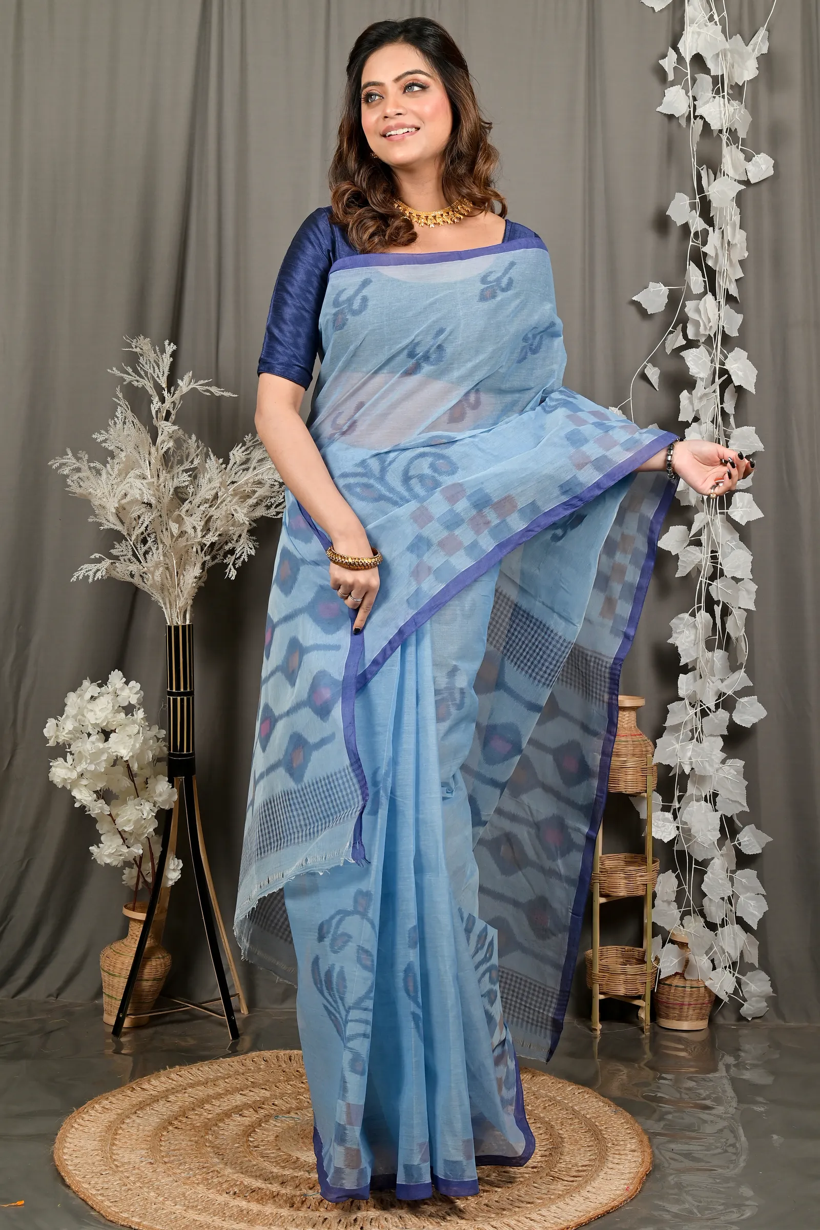 DipDiya Pure Cotton Light Blue Dipui Timeless Elegance Printed Tant Sarees