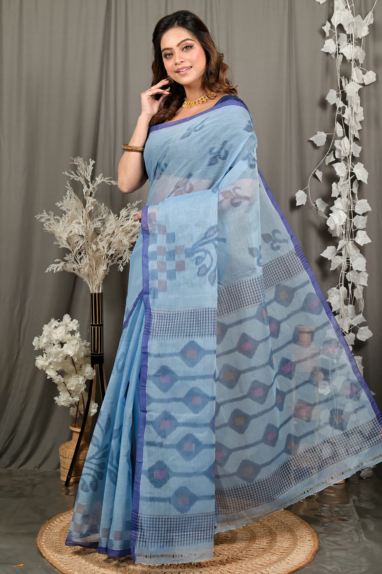 DipDiya Pure Cotton Light Blue Dipui Timeless Elegance Printed Tant Sarees