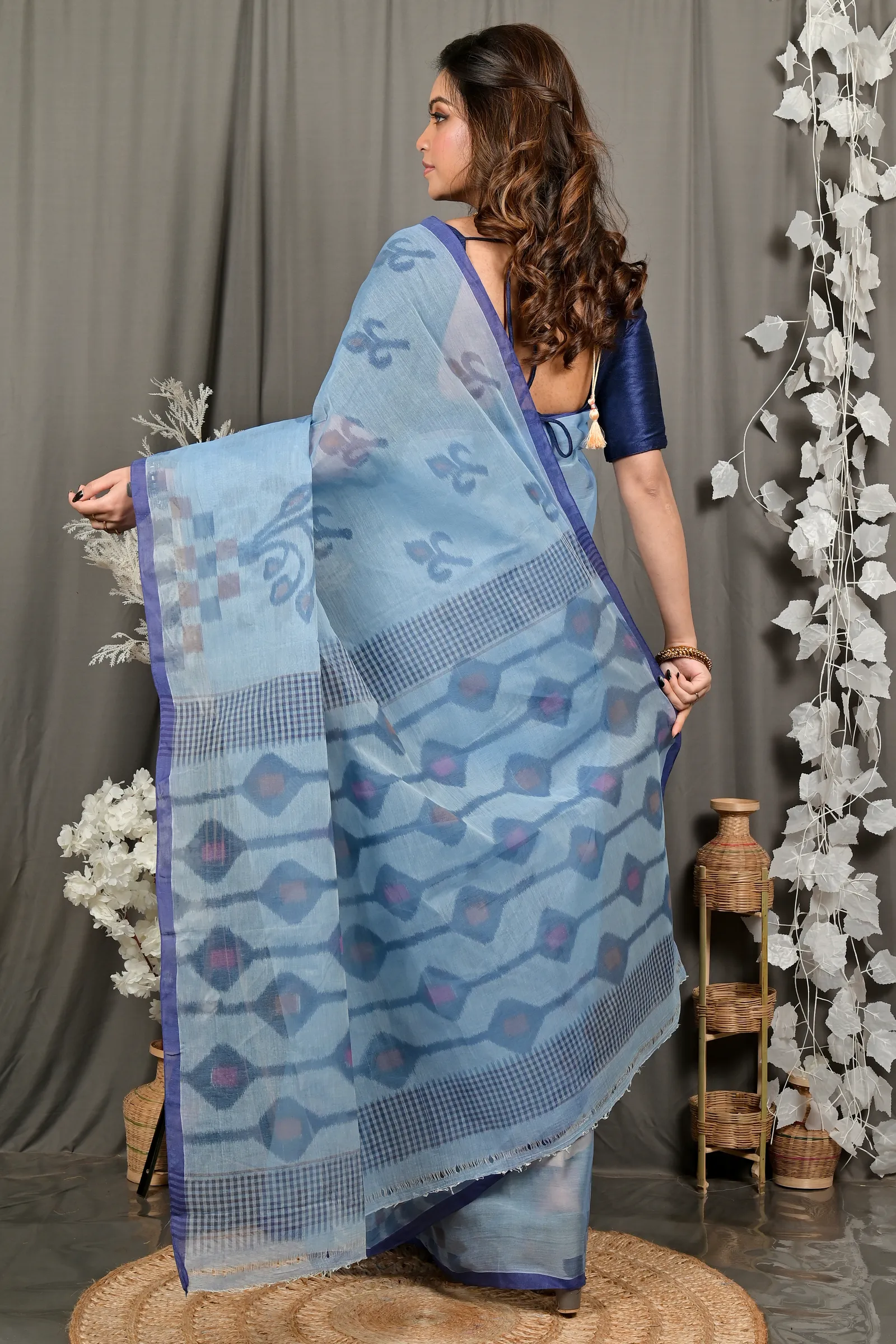 DipDiya Pure Cotton Light Blue Dipui Timeless Elegance Printed Tant Sarees