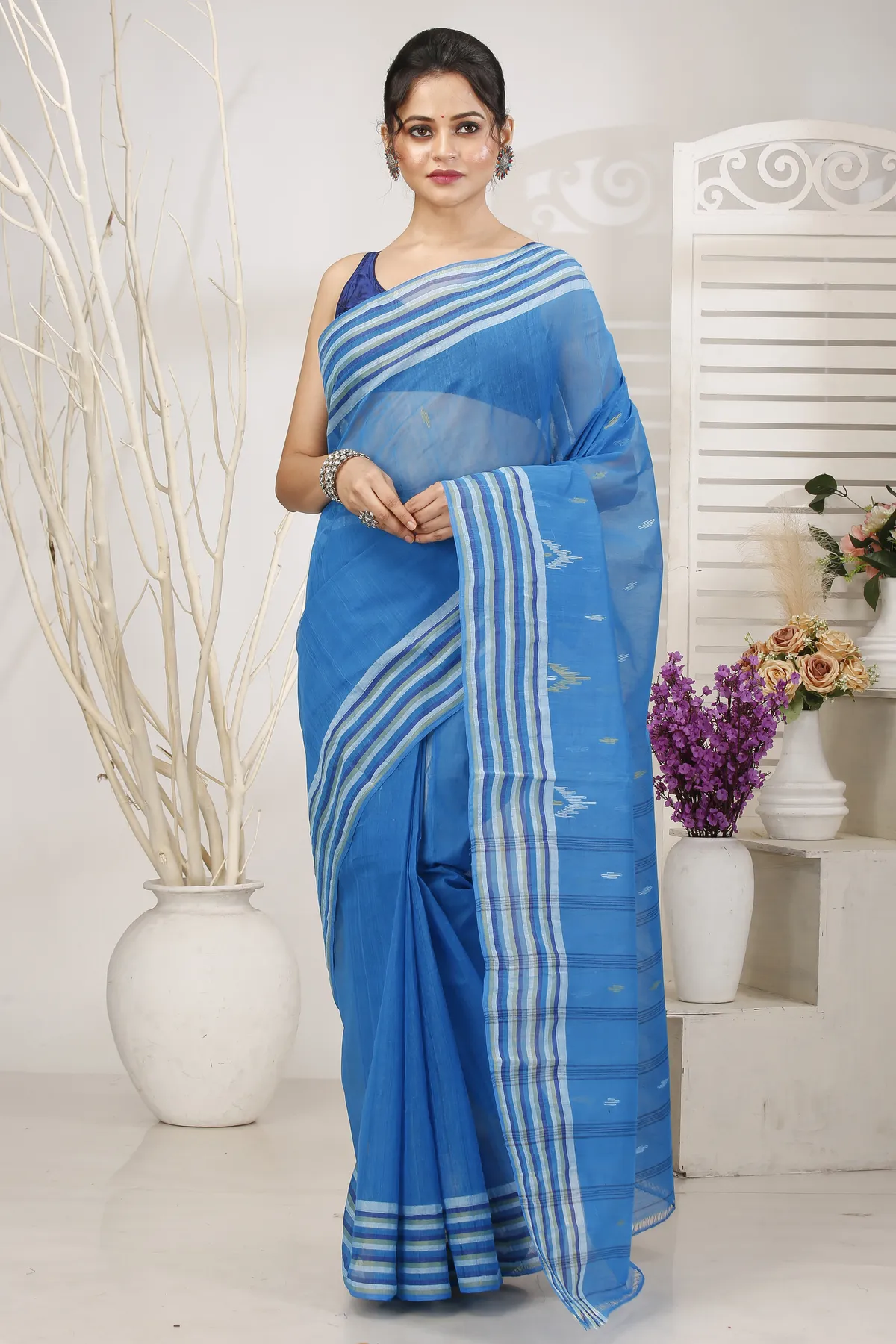 DipDiya Pure Cotton Light Blue mena Bengal’s Legacy Tant Sarees