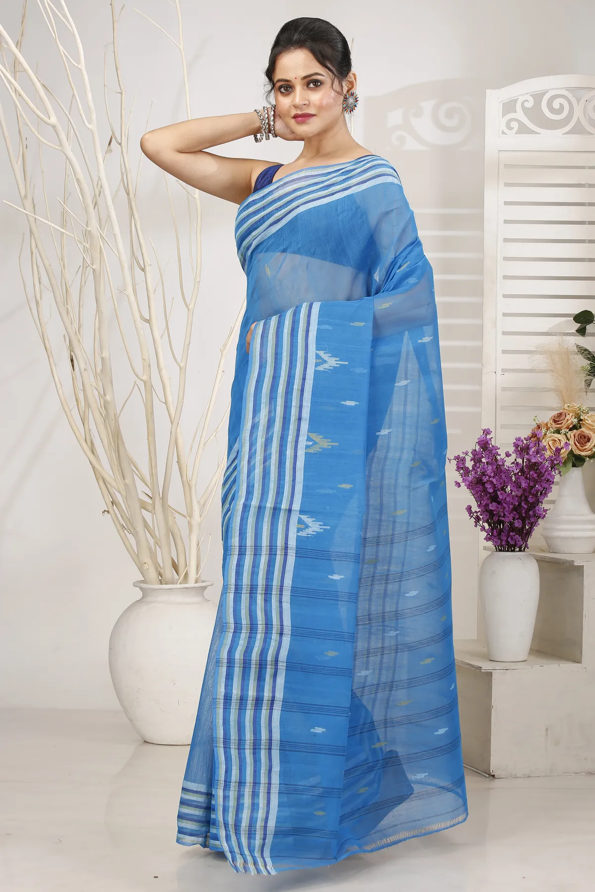DipDiya Pure Cotton Light Blue mena Bengal’s Legacy Tant Sarees