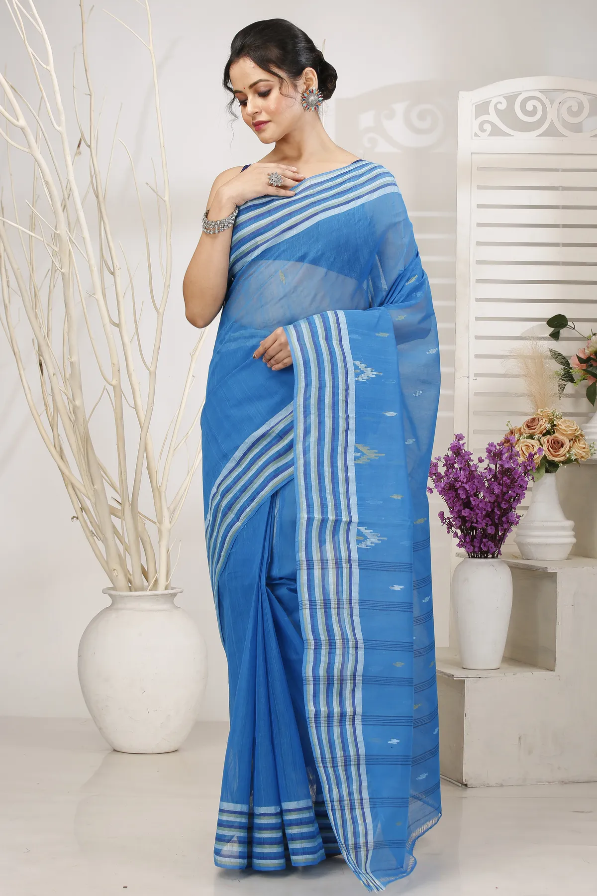 DipDiya Pure Cotton Light Blue mena Bengal’s Legacy Tant Sarees
