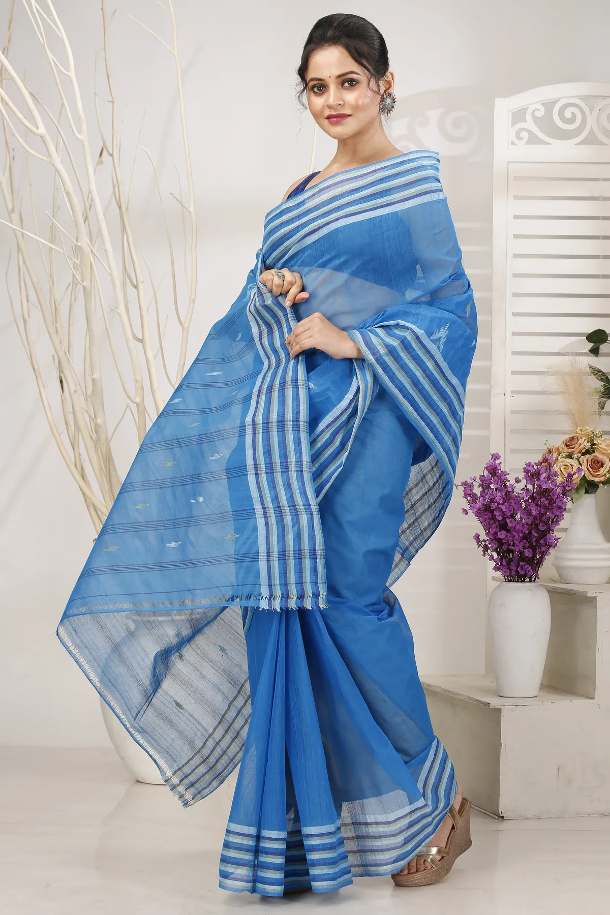 DipDiya Pure Cotton Light Blue mena Bengal’s Legacy Tant Sarees