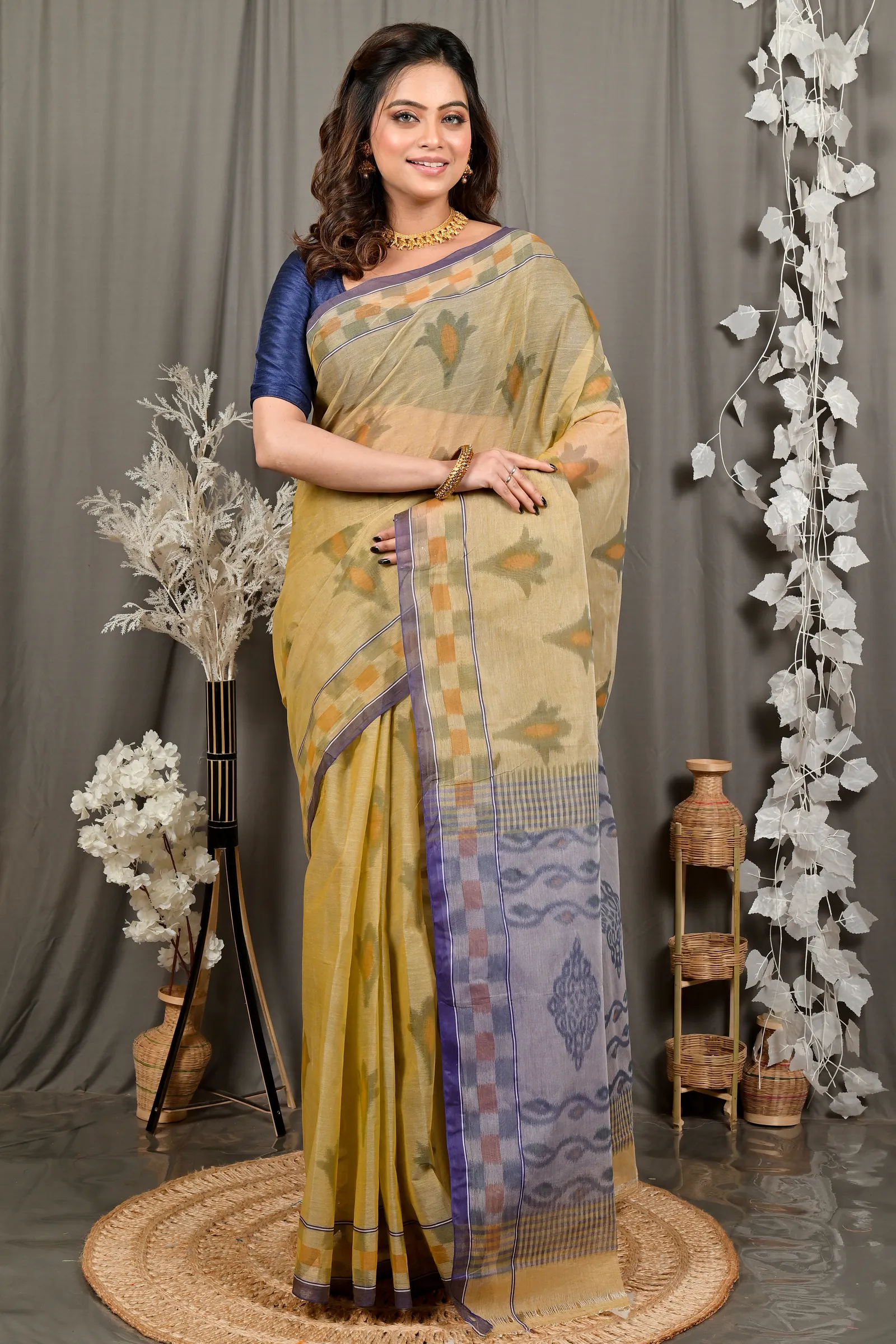 DipDiya Pure Cotton Light Brown Devai Heritage of Bengal Printed Tant Sarees