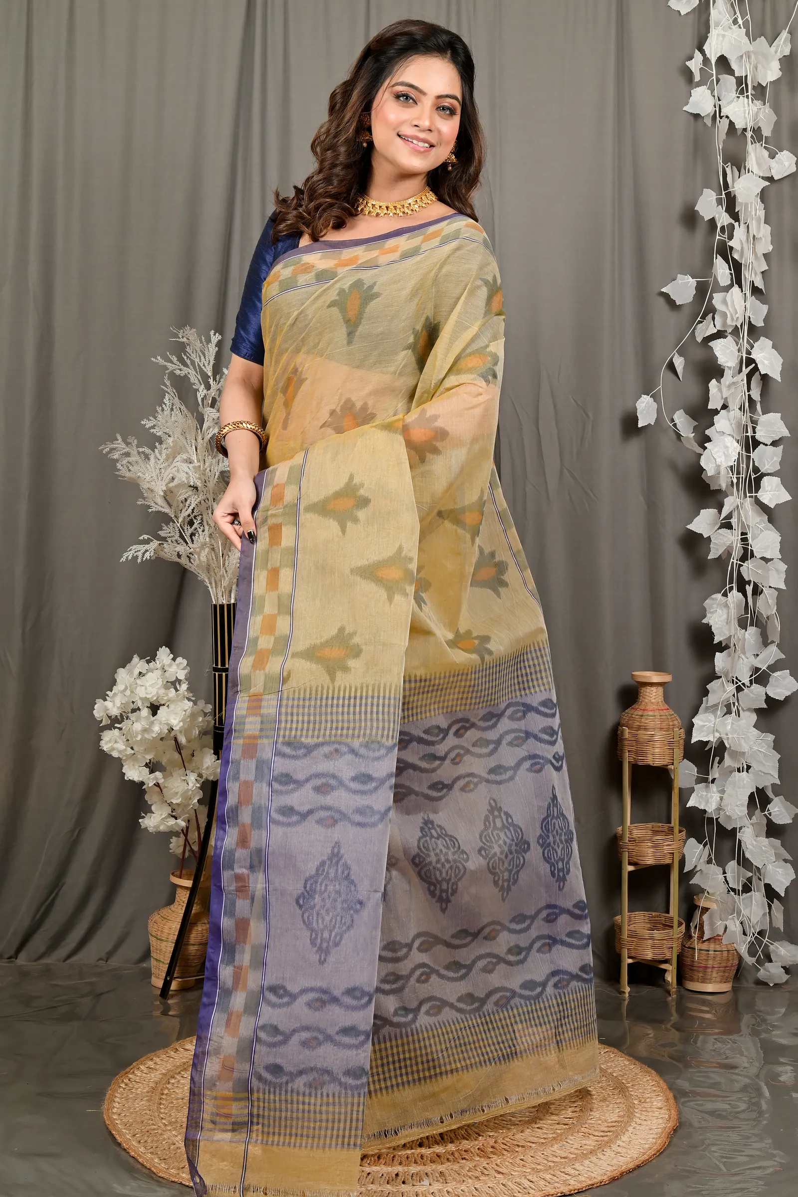 DipDiya Pure Cotton Light Brown Devai Heritage of Bengal Printed Tant Sarees