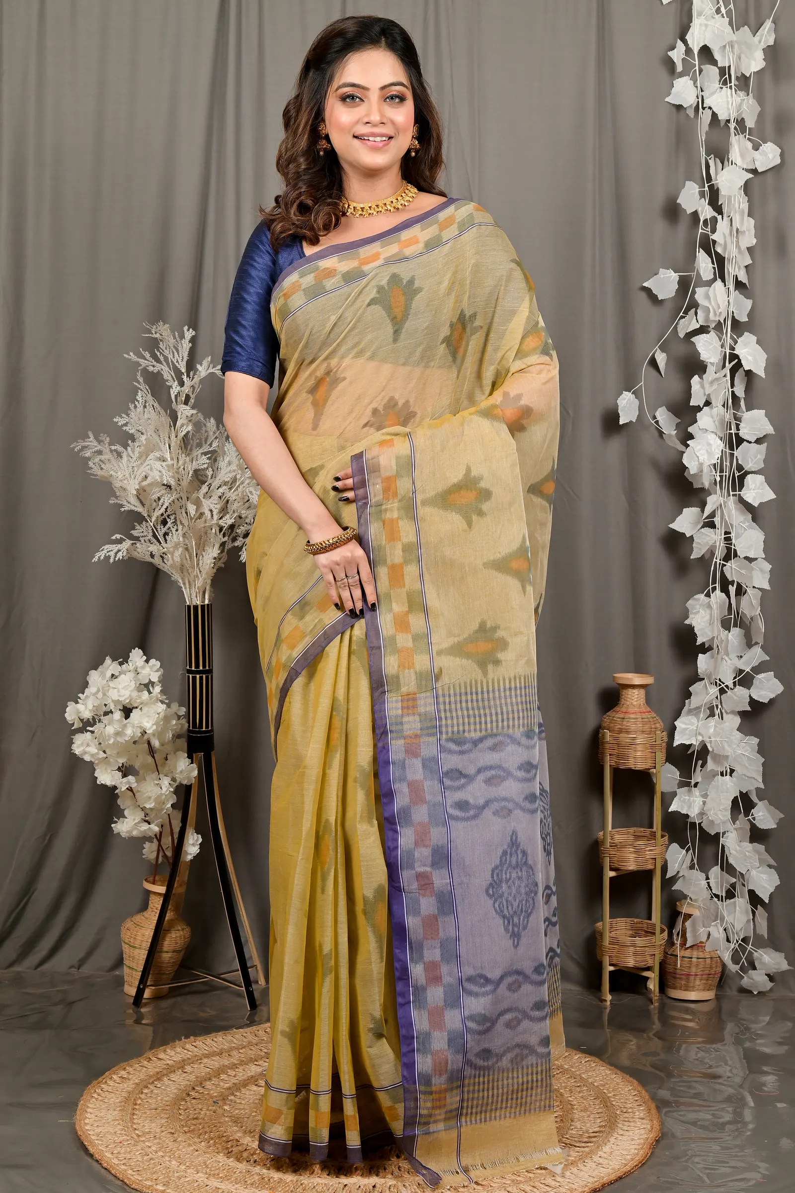 DipDiya Pure Cotton Light Brown Devai Heritage of Bengal Printed Tant Sarees
