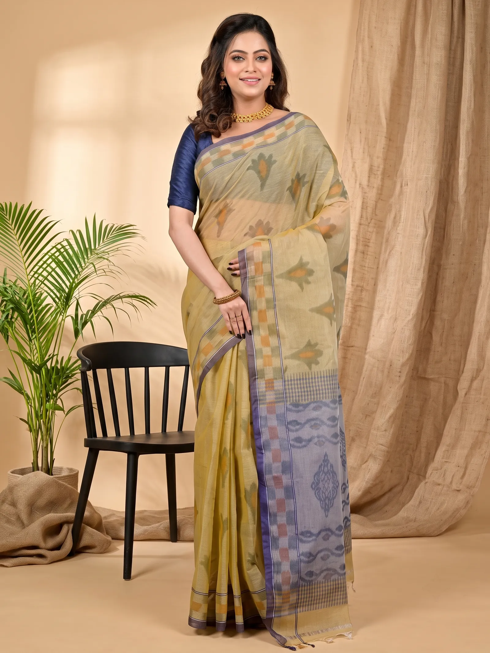 DipDiya Pure Cotton Light Brown Devai Heritage of Bengal Printed Tant Sarees