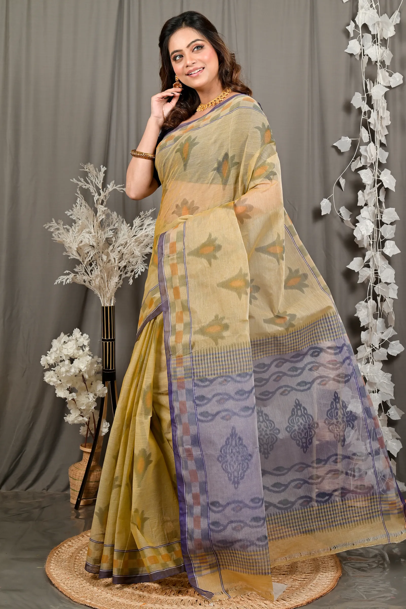 DipDiya Pure Cotton Light Brown Devai Heritage of Bengal Printed Tant Sarees
