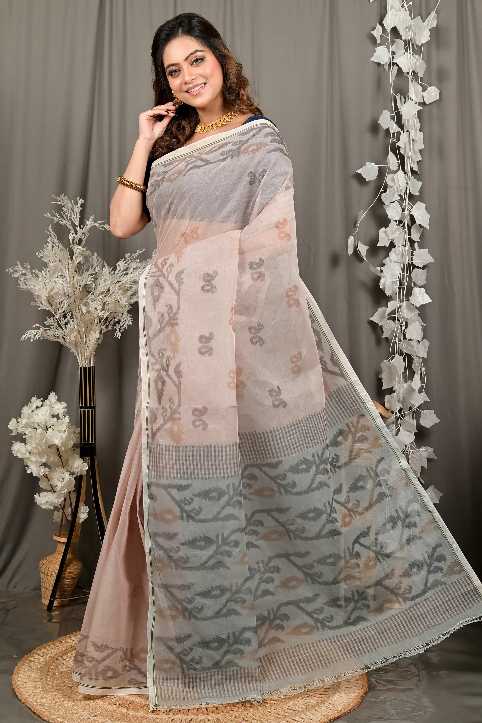 DipDiya Pure Cotton Light Brown Divani Woven with Love Printed Tant Sarees