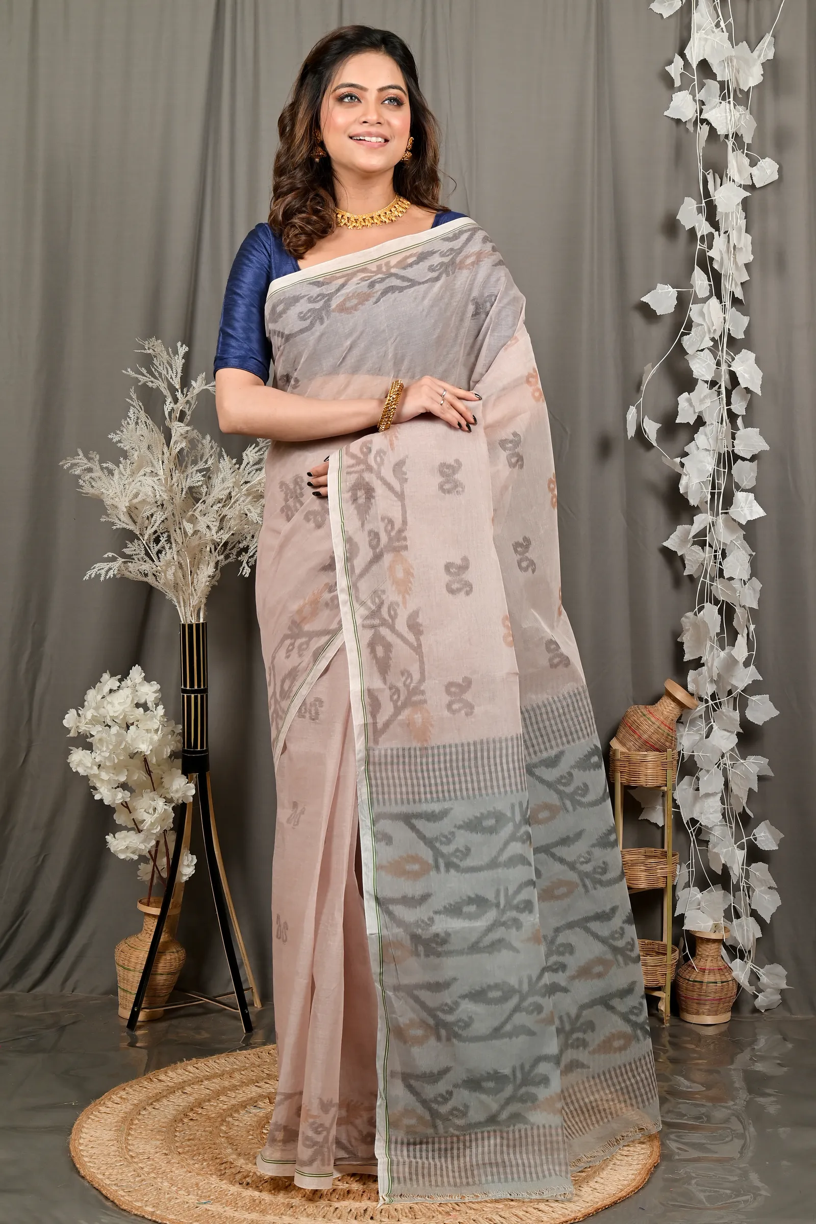 DipDiya Pure Cotton Light Brown Divani Woven with Love Printed Tant Sarees
