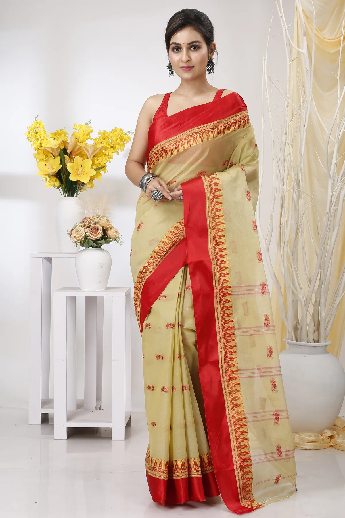 DipDiya Pure Cotton Light Brown Lagan Handloom Heritage Tant Sarees