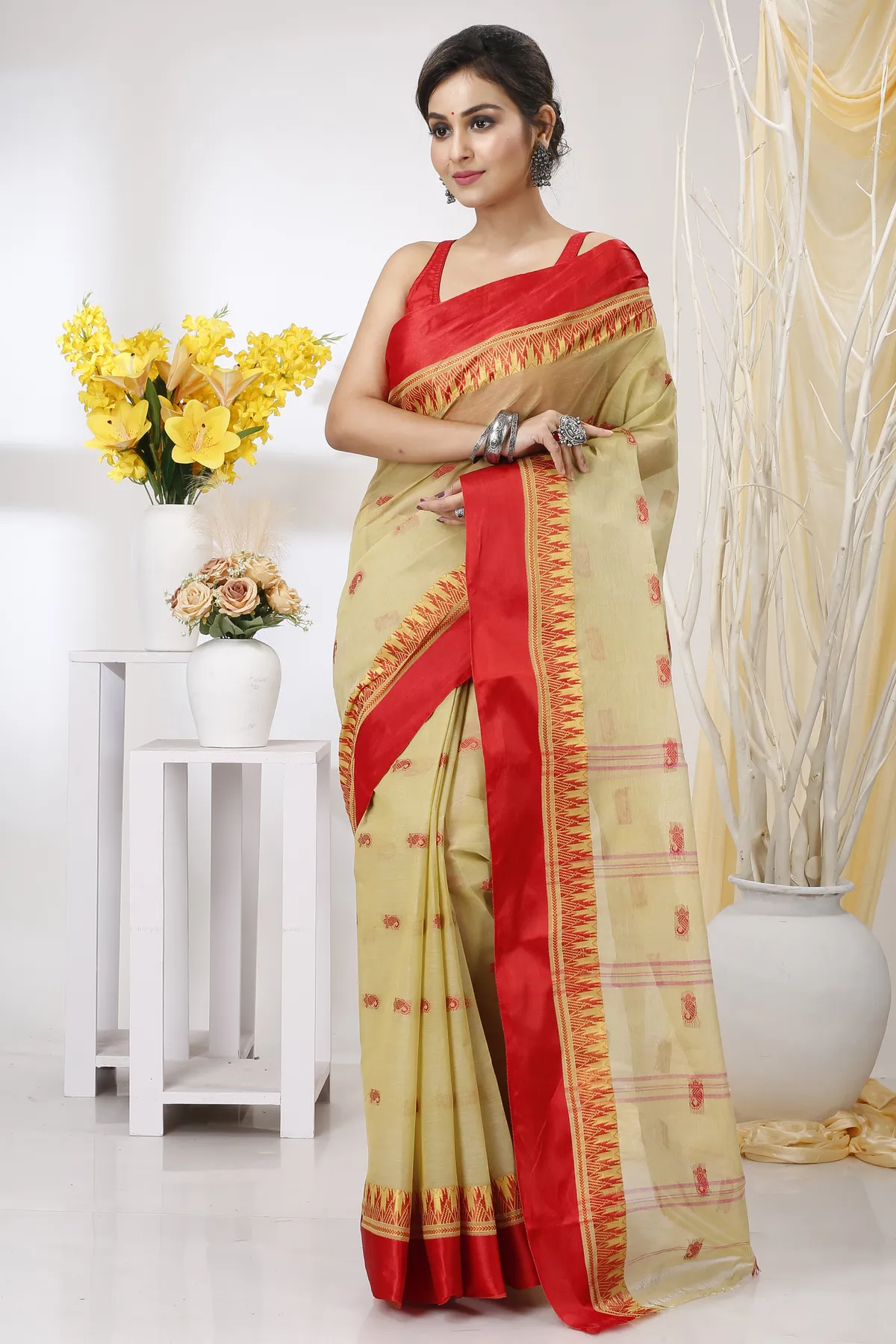 DipDiya Pure Cotton Light Brown Lagan Handloom Heritage Tant Sarees