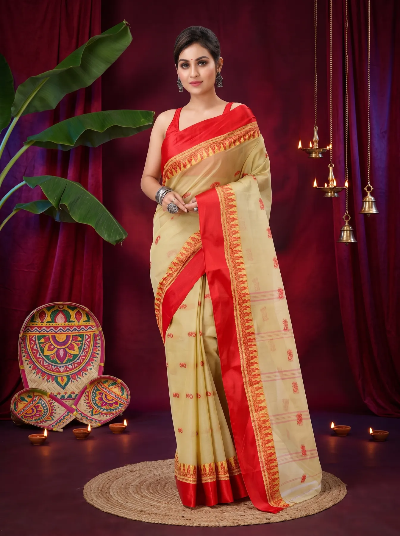 DipDiya Pure Cotton Light Brown Lagan Handloom Heritage Tant Sarees